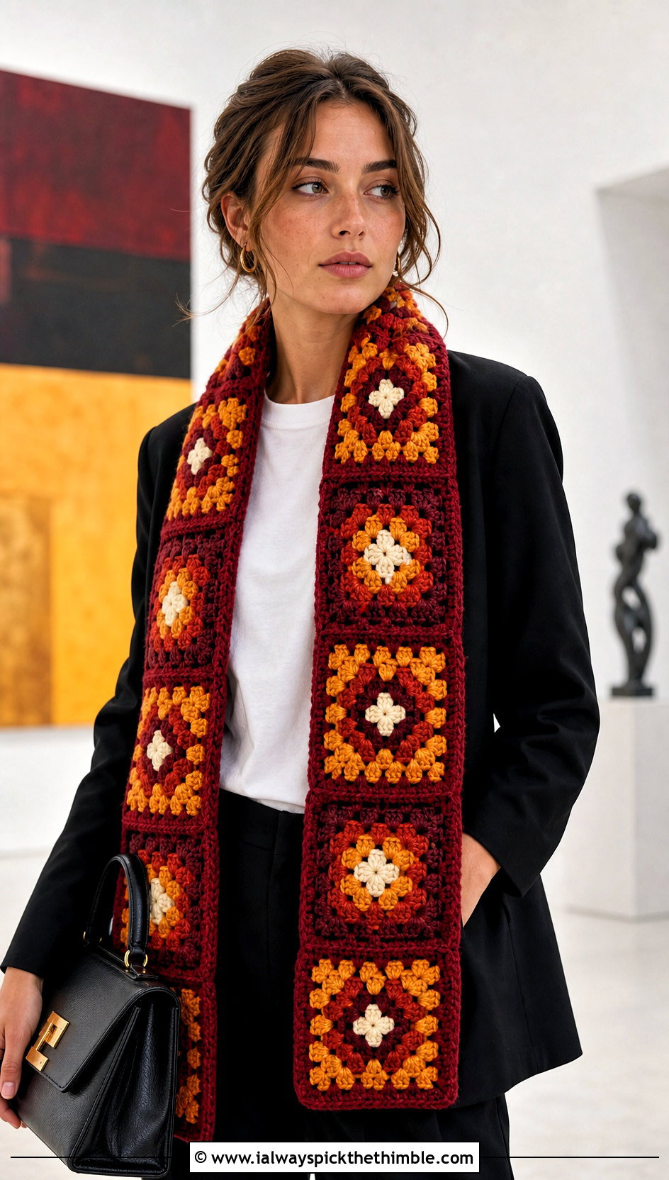 Granny Square Gryffindor Crochet Scarf With Black Suit - 20 gryffindor crochet scarf outfit ideas
