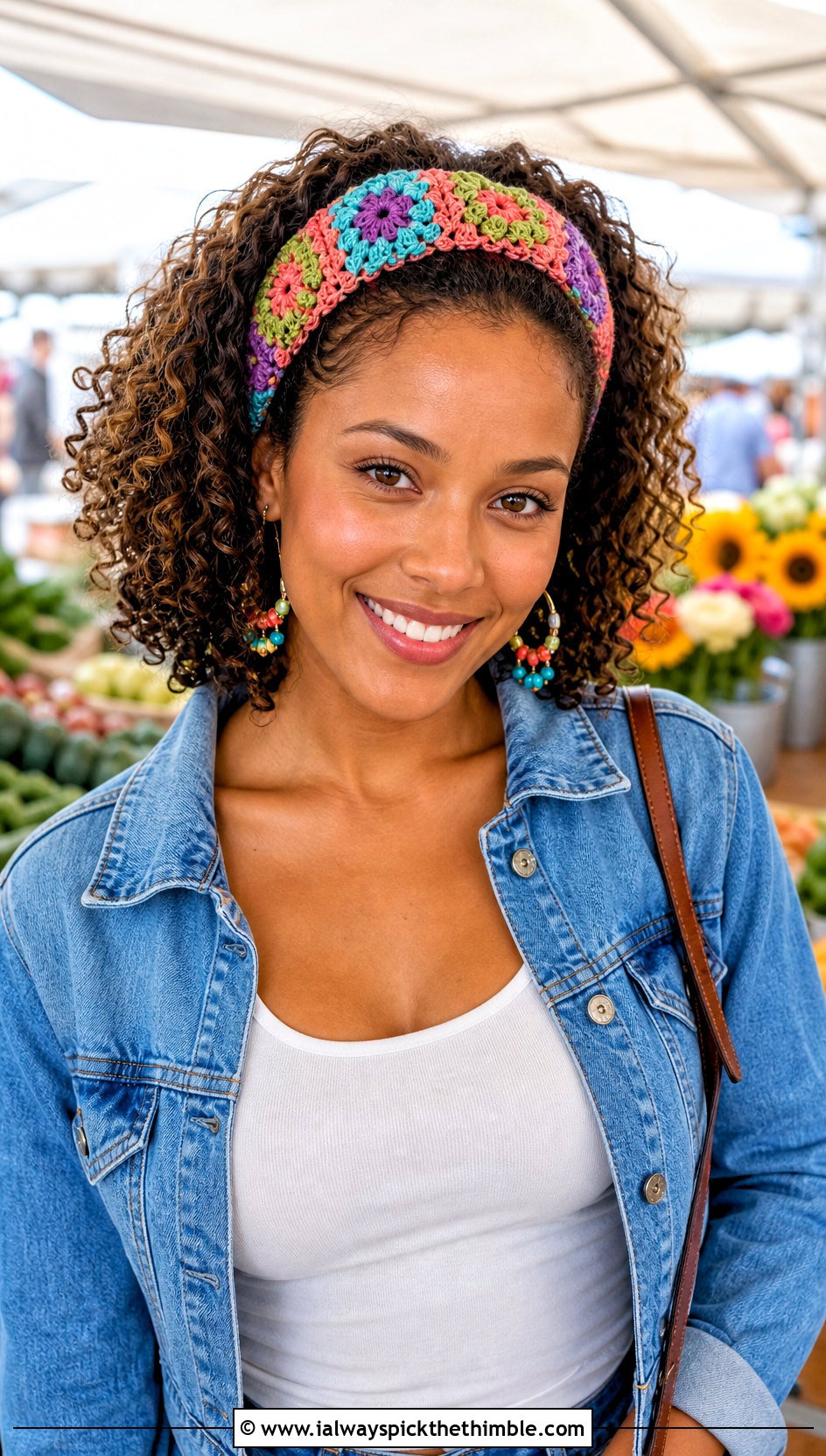 Granny Square Hair Tie Crochet Headband With Denim Jacket And Midi Skirt - 15 crochet headband using hair tie outfit ideas