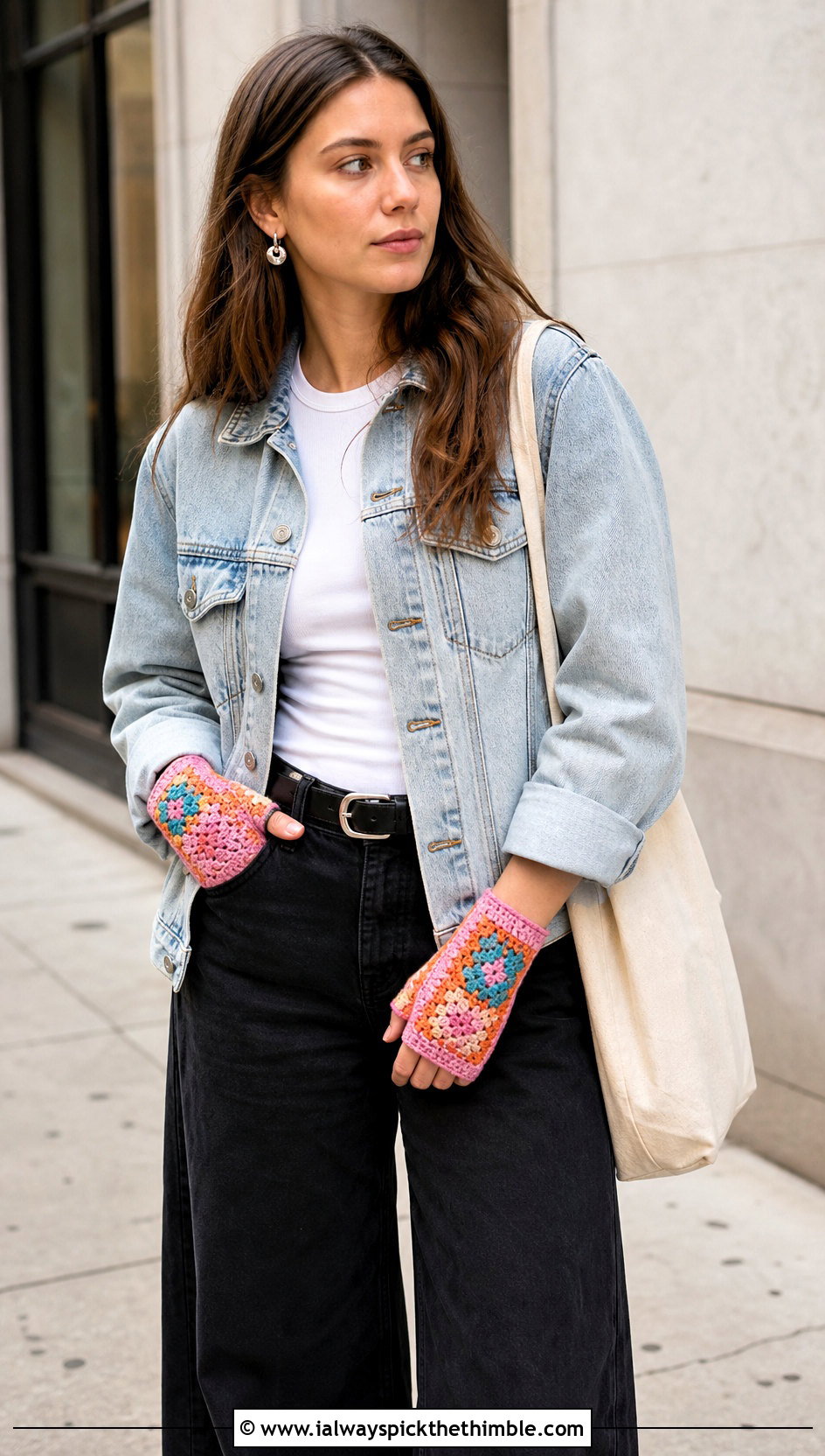 Granny Square Half Finger Gloves With Denim Jacket - 20 crochet half finger gloves outfit ideas