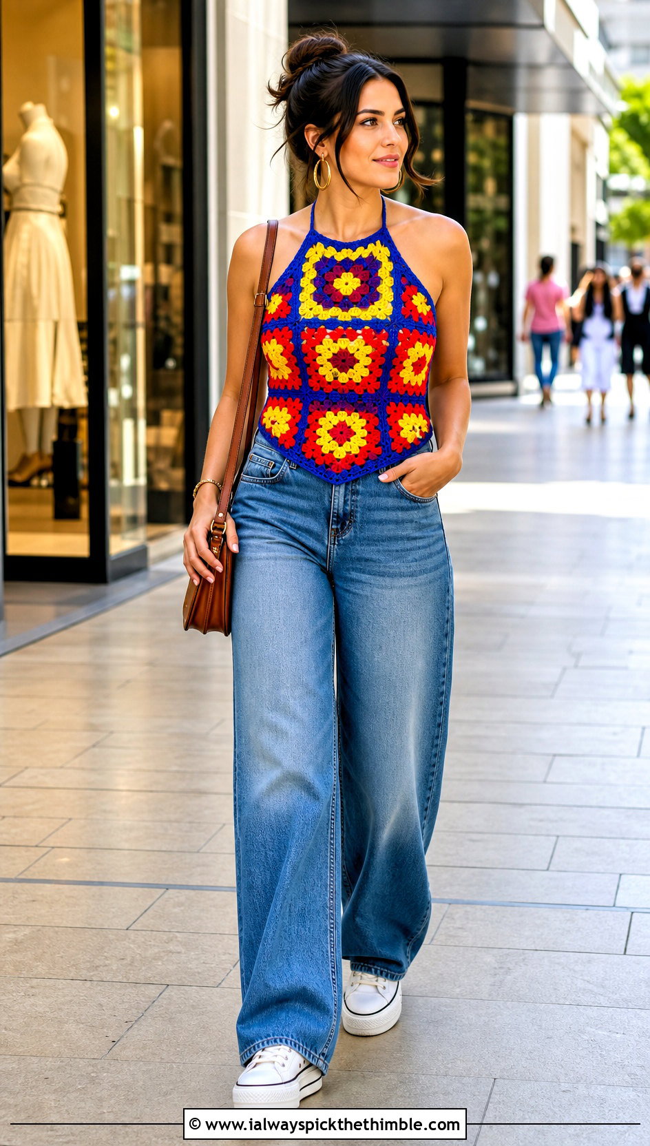 Granny Square Halter Neck Crochet Top With Wide Leg Jeans - 25 halter neck crochet top outfit ideas