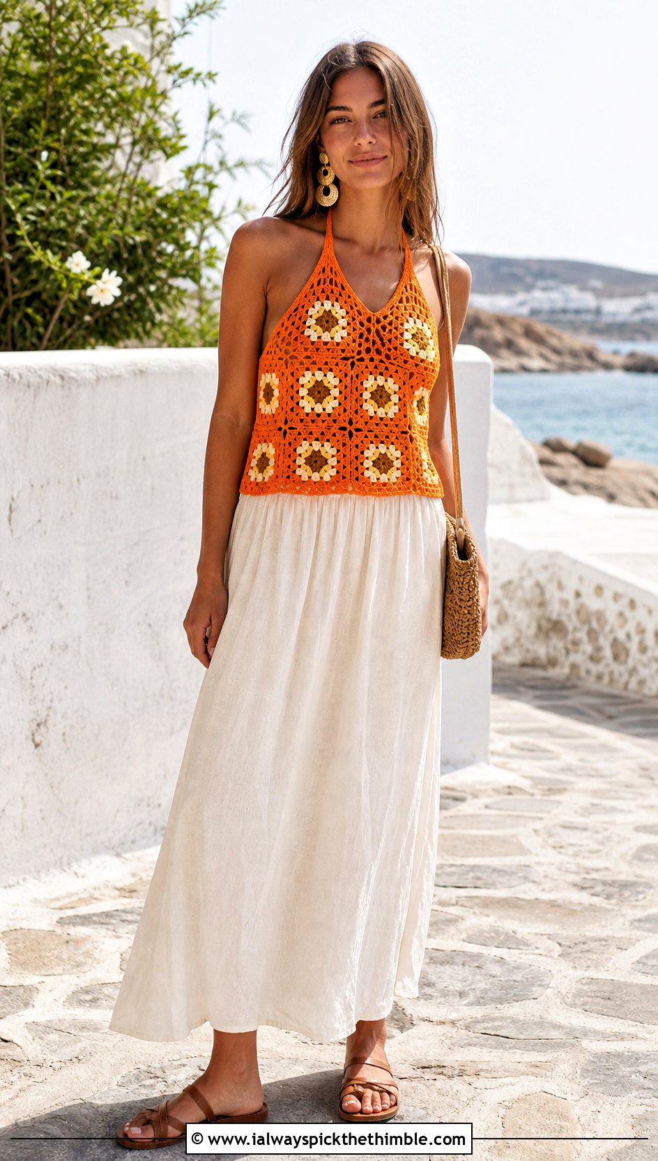 Granny Square Halter Top With Linen Maxi Skirt - 25 Granny Square Outfit ideas