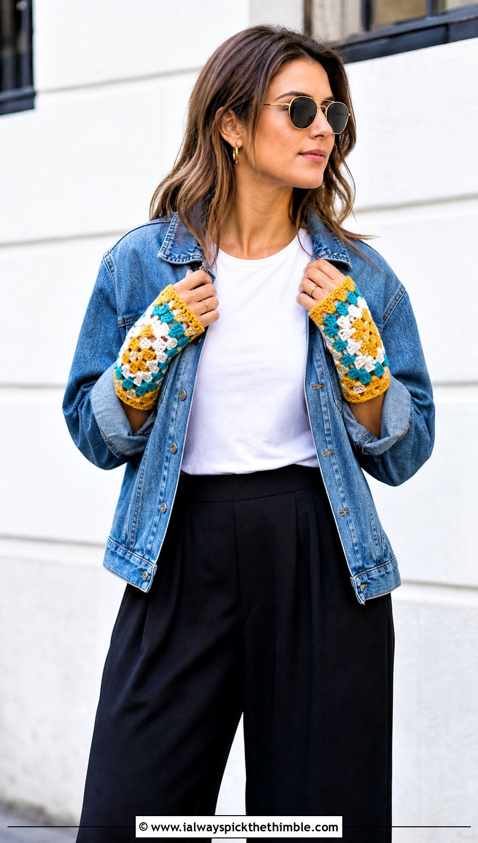 Granny Square Hand Warmers With Denim Jacket - 25 Crochet Handwarmer outfit ideas