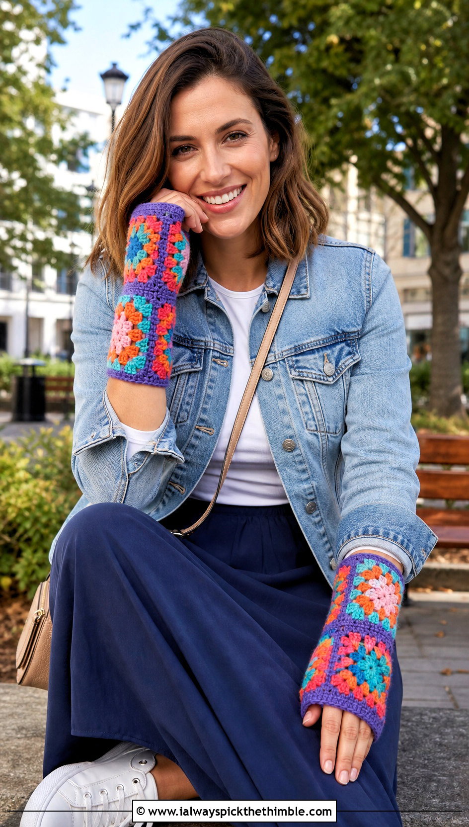 Granny Square Handwarmers With Denim Jacket And Maxi Skirt - 25 crochet handwarmers outfit ideas