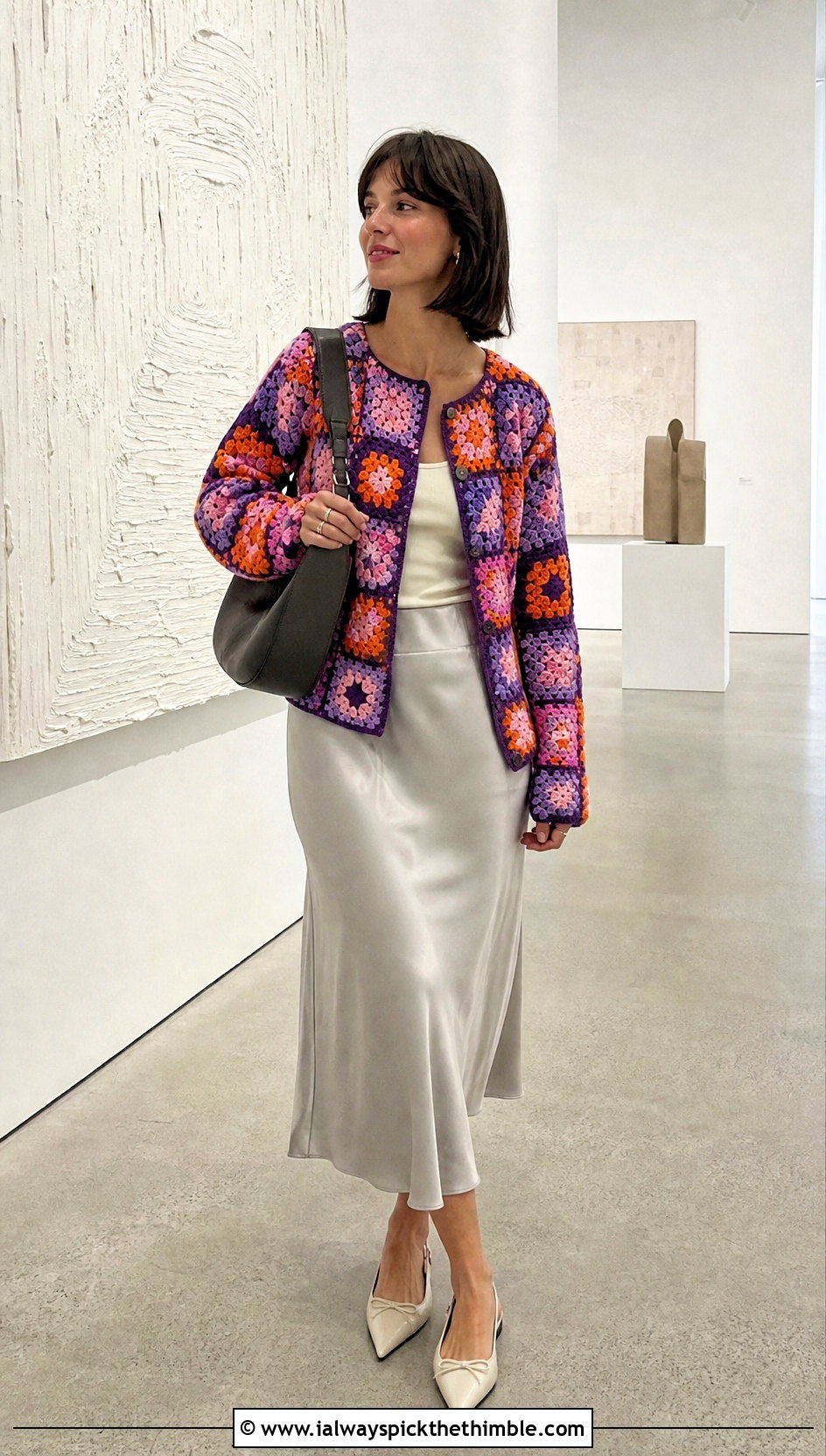Granny Square Harry Styles Cardigan With Satin Midi Skirt - 15 Crocheting Harry Styles Cardigan outfit ideas