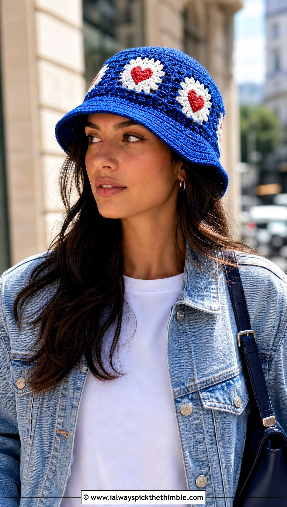 Granny Square Heart Bucket Hat With Denim Jacket - 20 crochet heart bucket hat outfit ideas