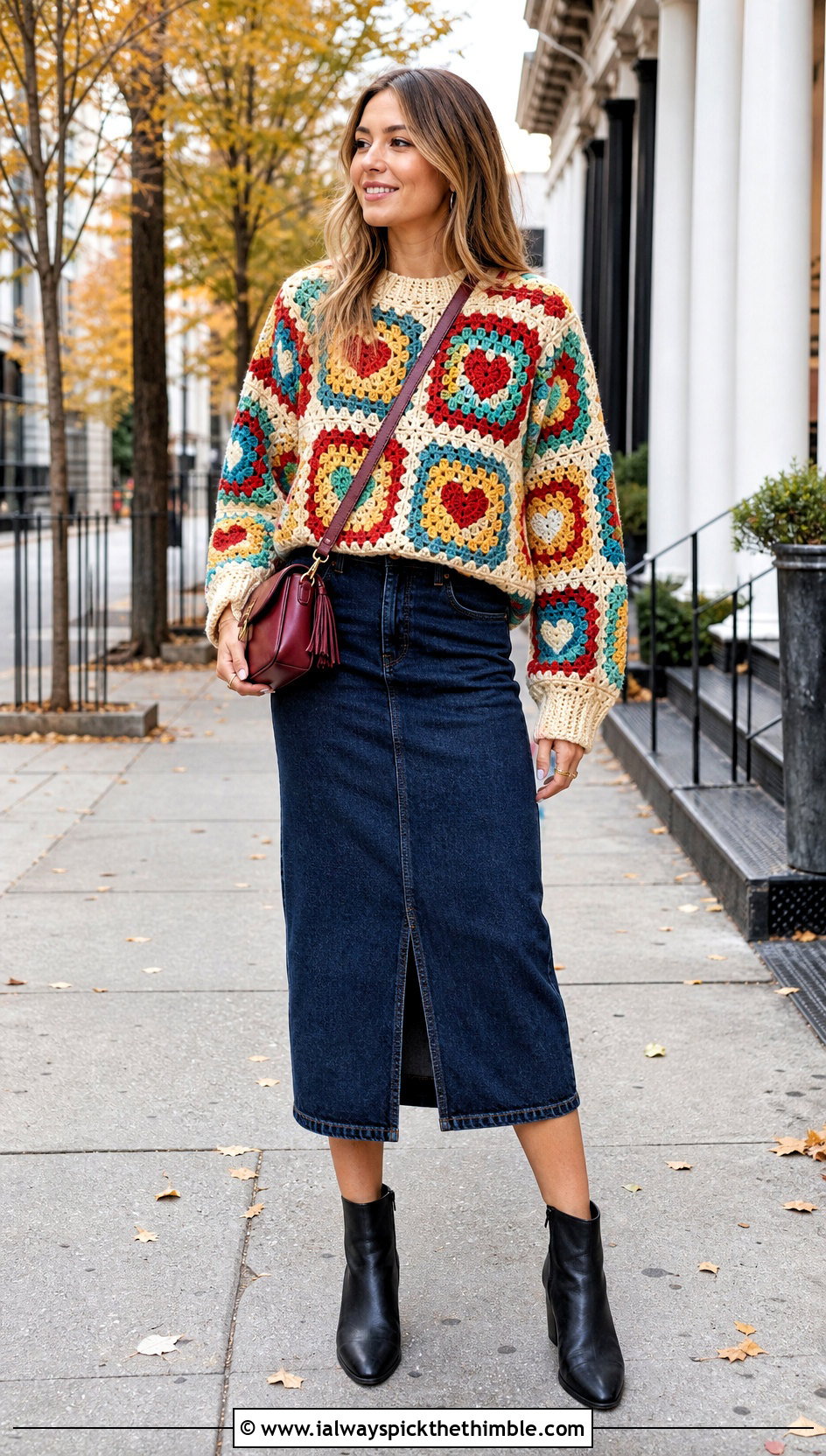 Granny Square Heart Crochet Sweater With Denim Midi Skirt - 15 sweetheart crochet sweater outfit ideas