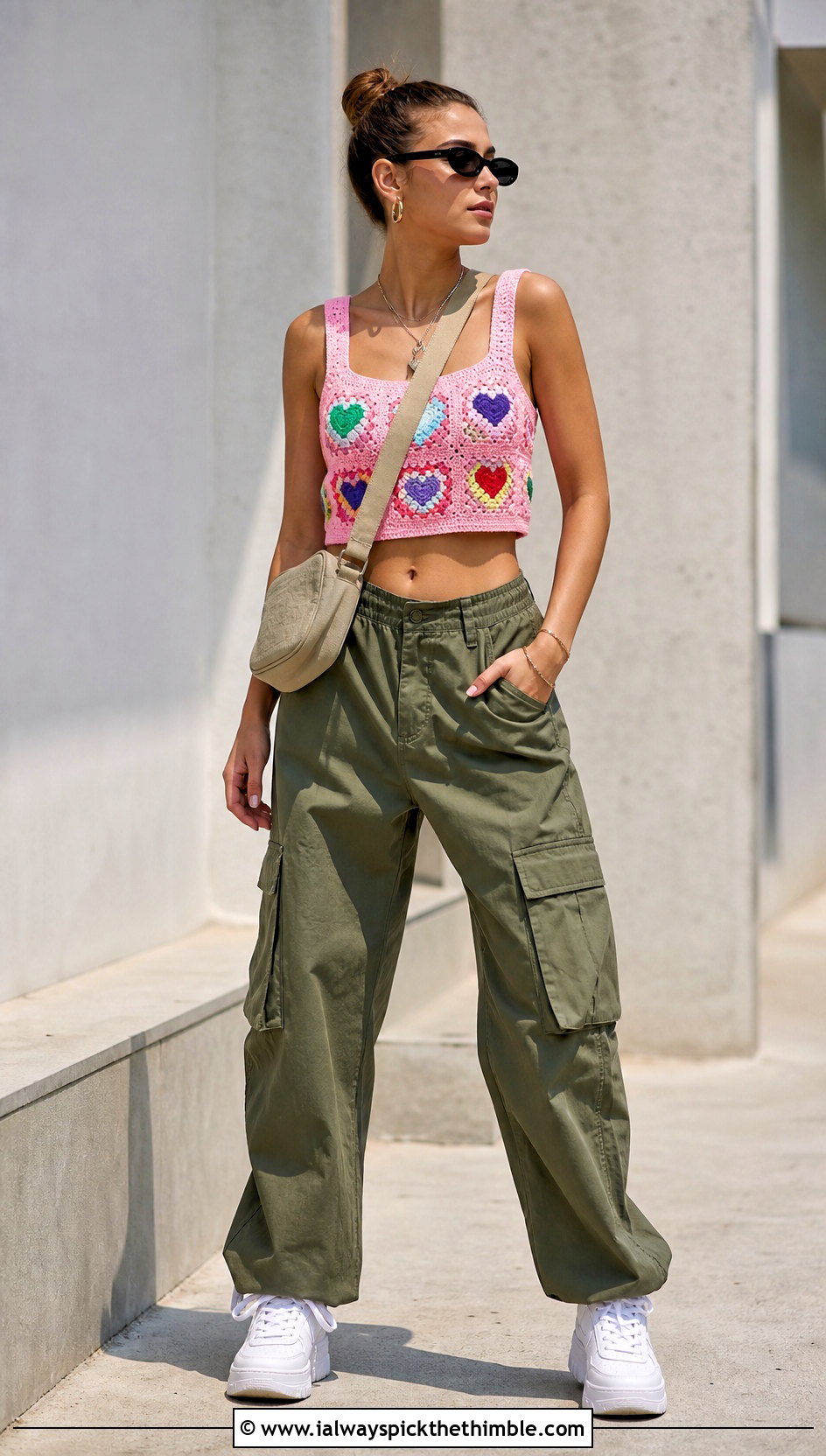 Granny Square Heart Crochet Tank With Cargo Pants - 15 heart crochet top outfit ideas