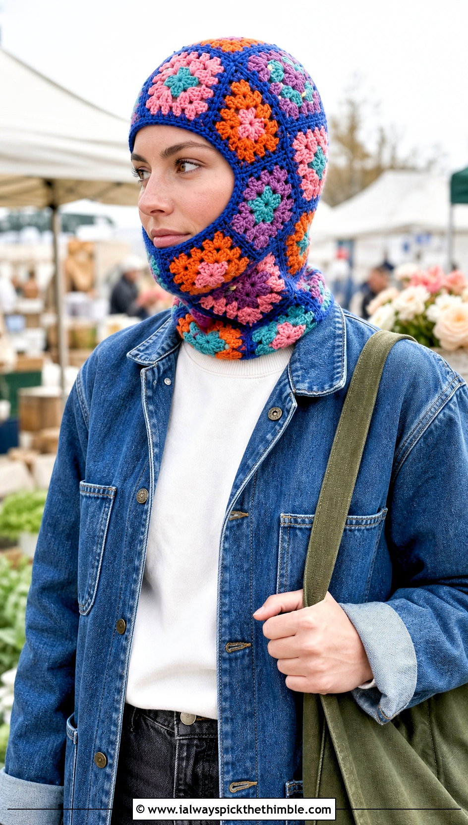 Granny Square Helmet Balaclava With Denim Chore Jacket - 20 crochet helmet balaclava outfit ideas