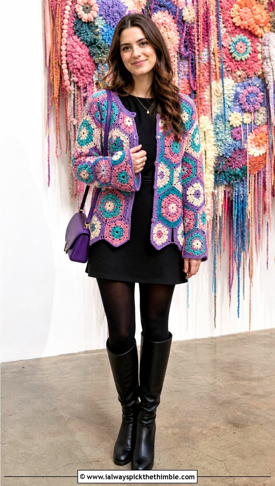Granny Square Hexagon Cardigan With Mini Dress - 25 crochet hexagon cardigan outfit ideas
