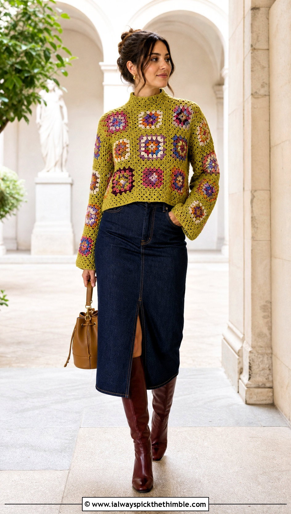 Granny Square High Neck Crochet Sweater With Denim Midi Skirt - 20 crochet high neck sweater outfit ideas
