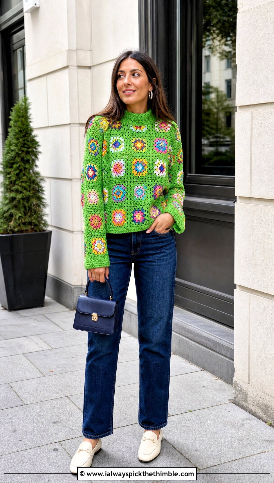 Granny Square High Neck Crochet Top With Straight Jeans - 25 high neck crochet top outfit ideas