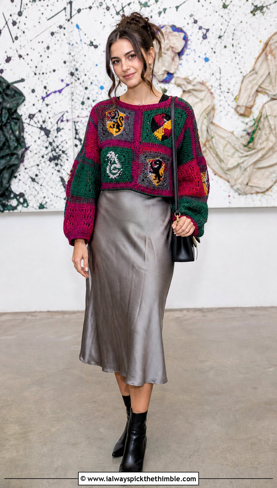 Granny Square Hogwarts Crochet Harry Potter Sweater With Slip Dress - 25 crochet harry potter sweater outfit ideas