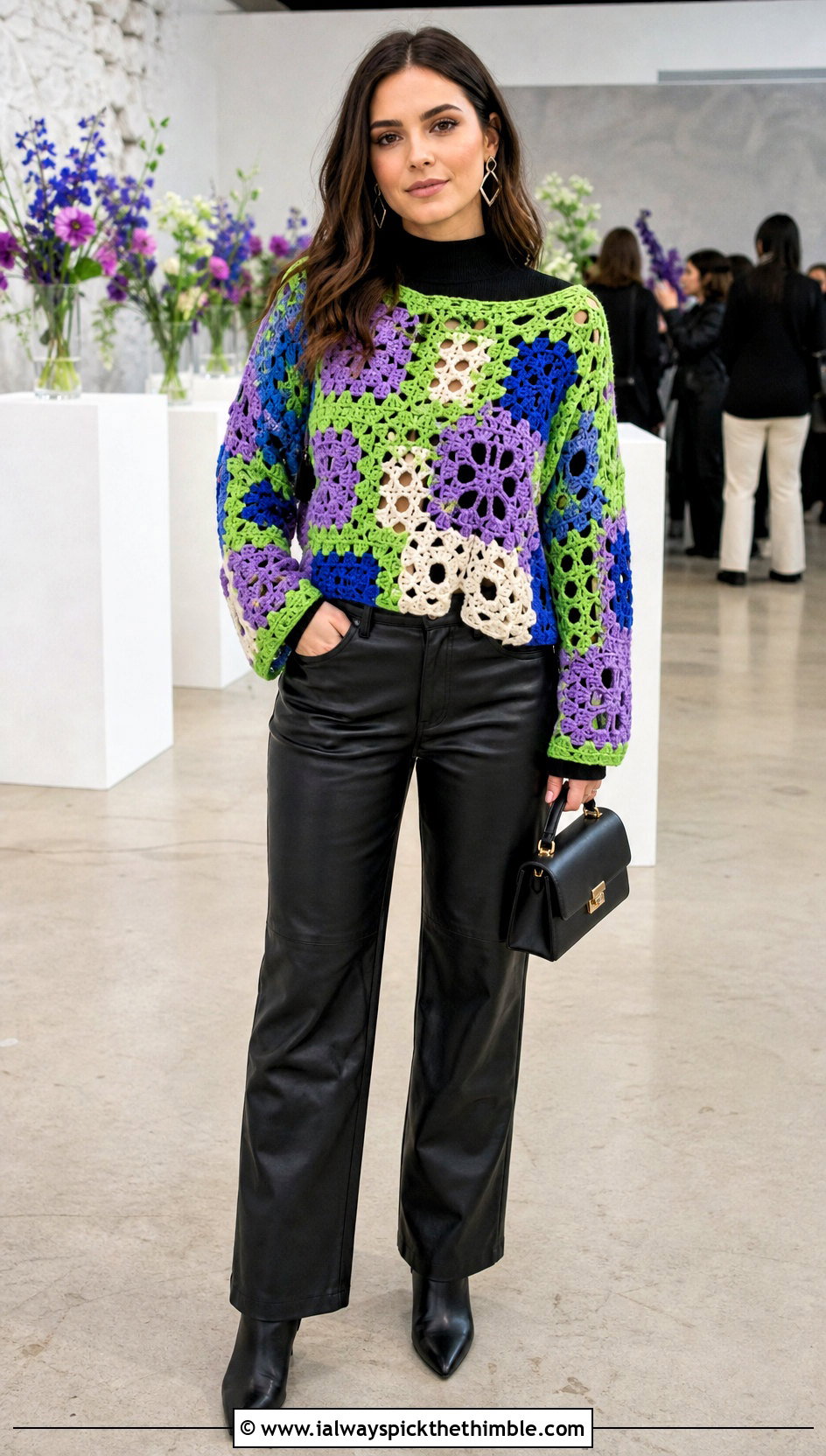Granny Square Hollow Out Crochet Sweater With Leather Pants - 20 Hollow Out Crochet Sweater outfit ideas
