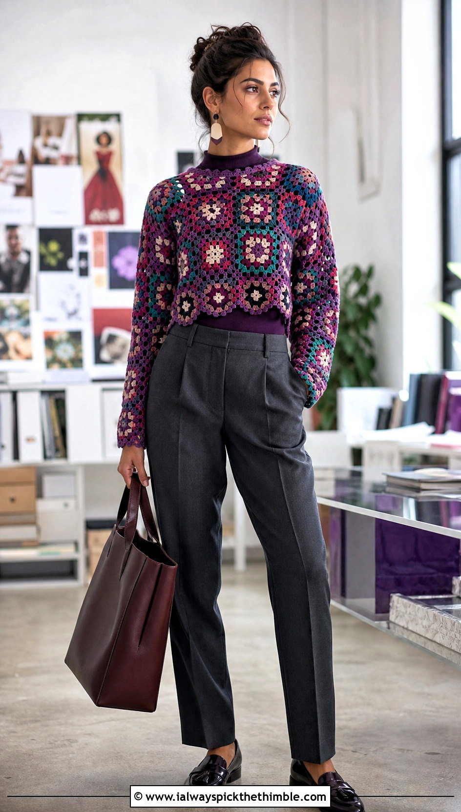 Granny Square Hollow Out Crop Crochet Sweater With Tailored Trousers - 15 hollow out crop crochet sweater outfit ideas