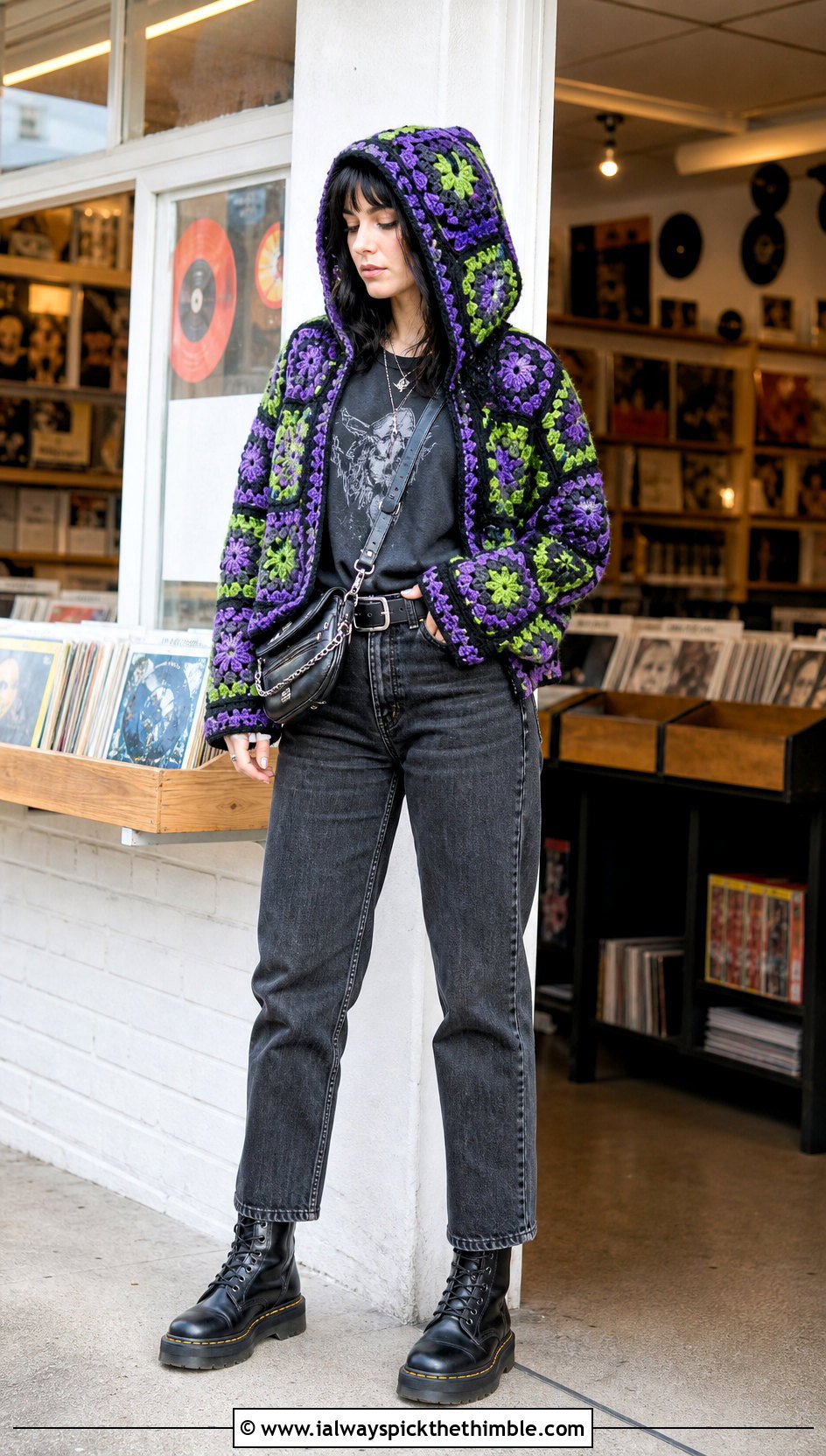 Granny Square Hood Crochet Hexagon Hoodie With Black Jeans - 20 crochet hexagon hoodie outfit ideas