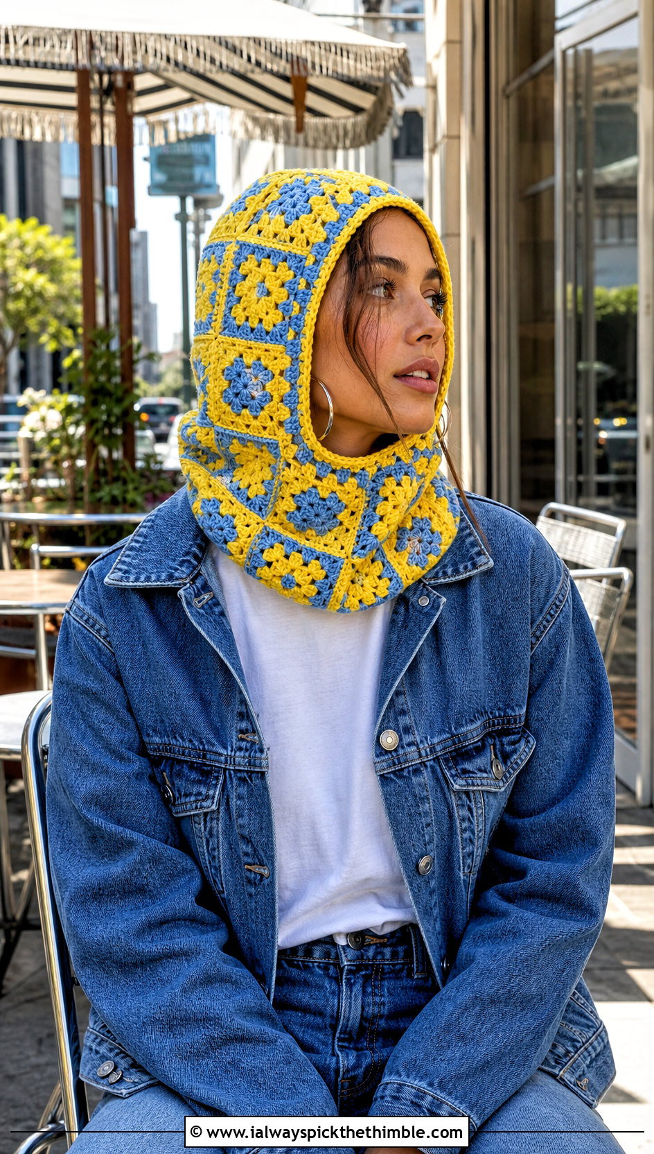Granny Square Hooded Crochet Balaclava With Denim Jacket - 20 hooded crochet balaclava outfit ideas