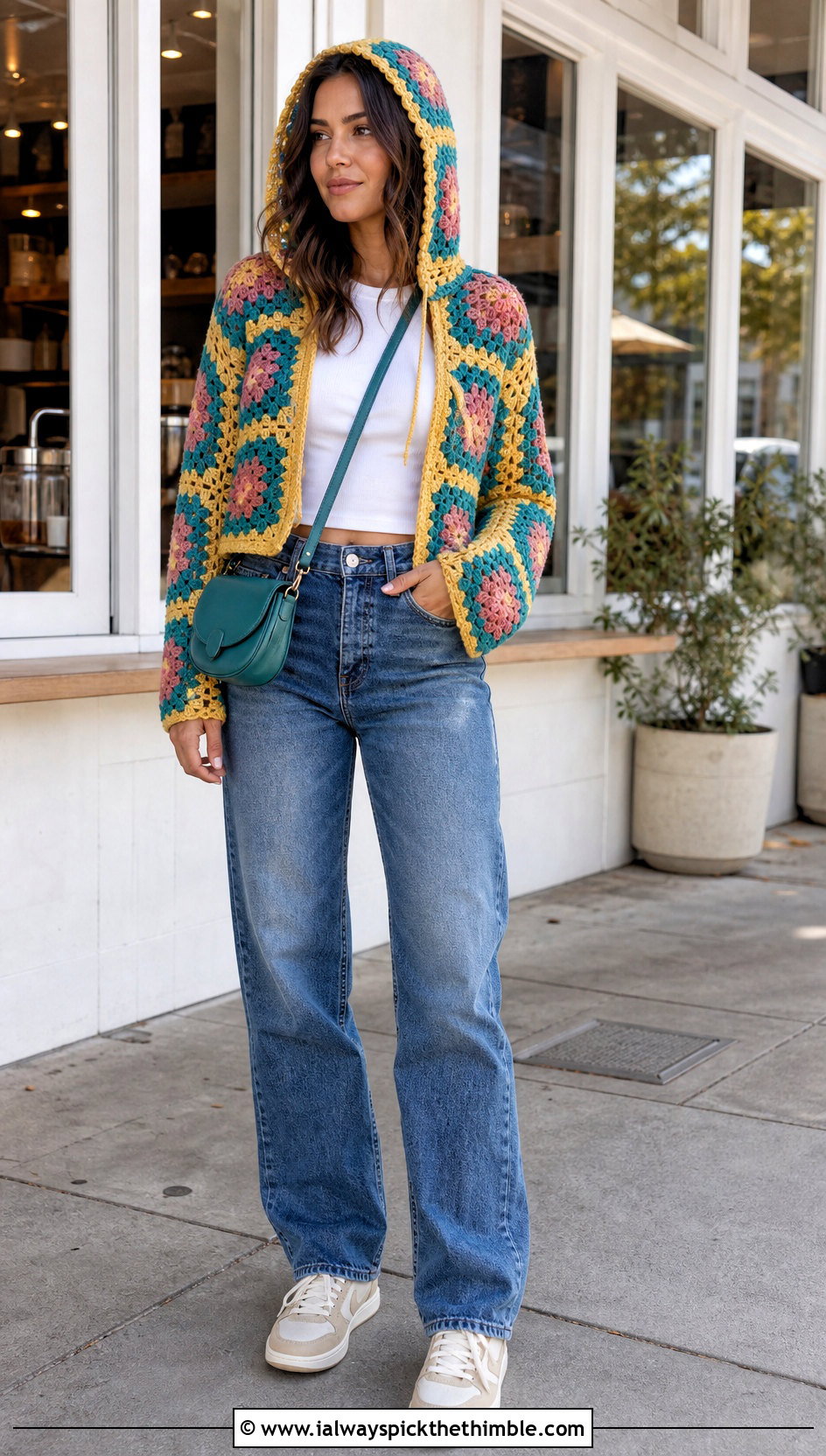 Granny Square Hooded Crochet Bolero With Straight Jeans - 20 hooded crochet bolero outfit ideas