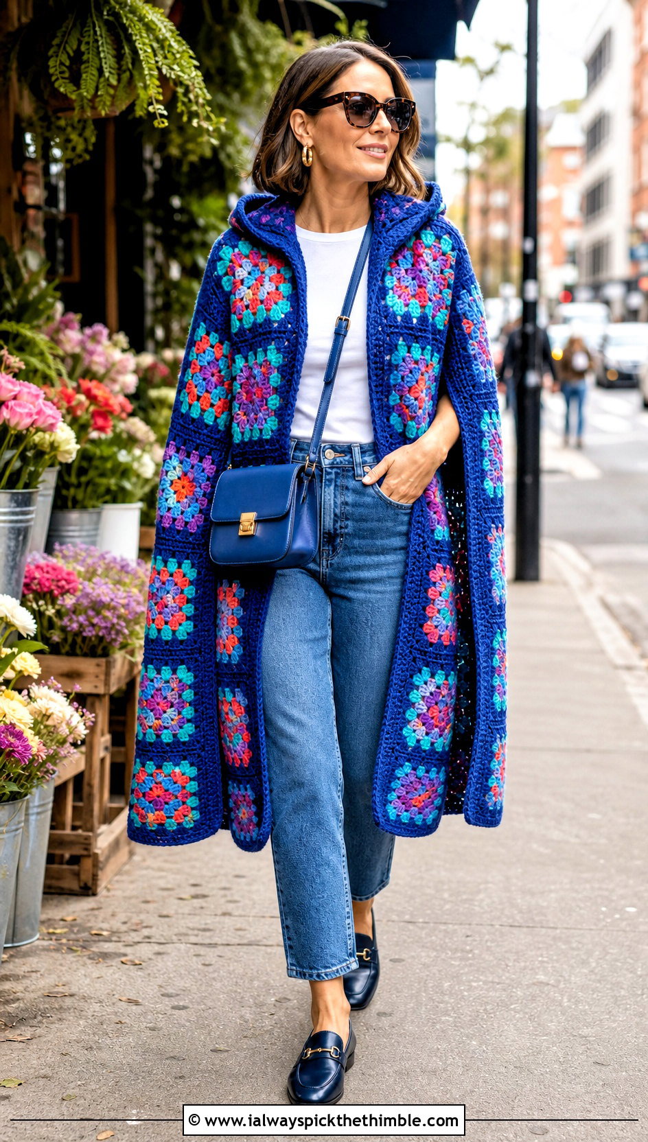Granny Square Hooded Crochet Cape With Straight Leg Jeans - 20 Hooded Crochet Cape outfit ideas