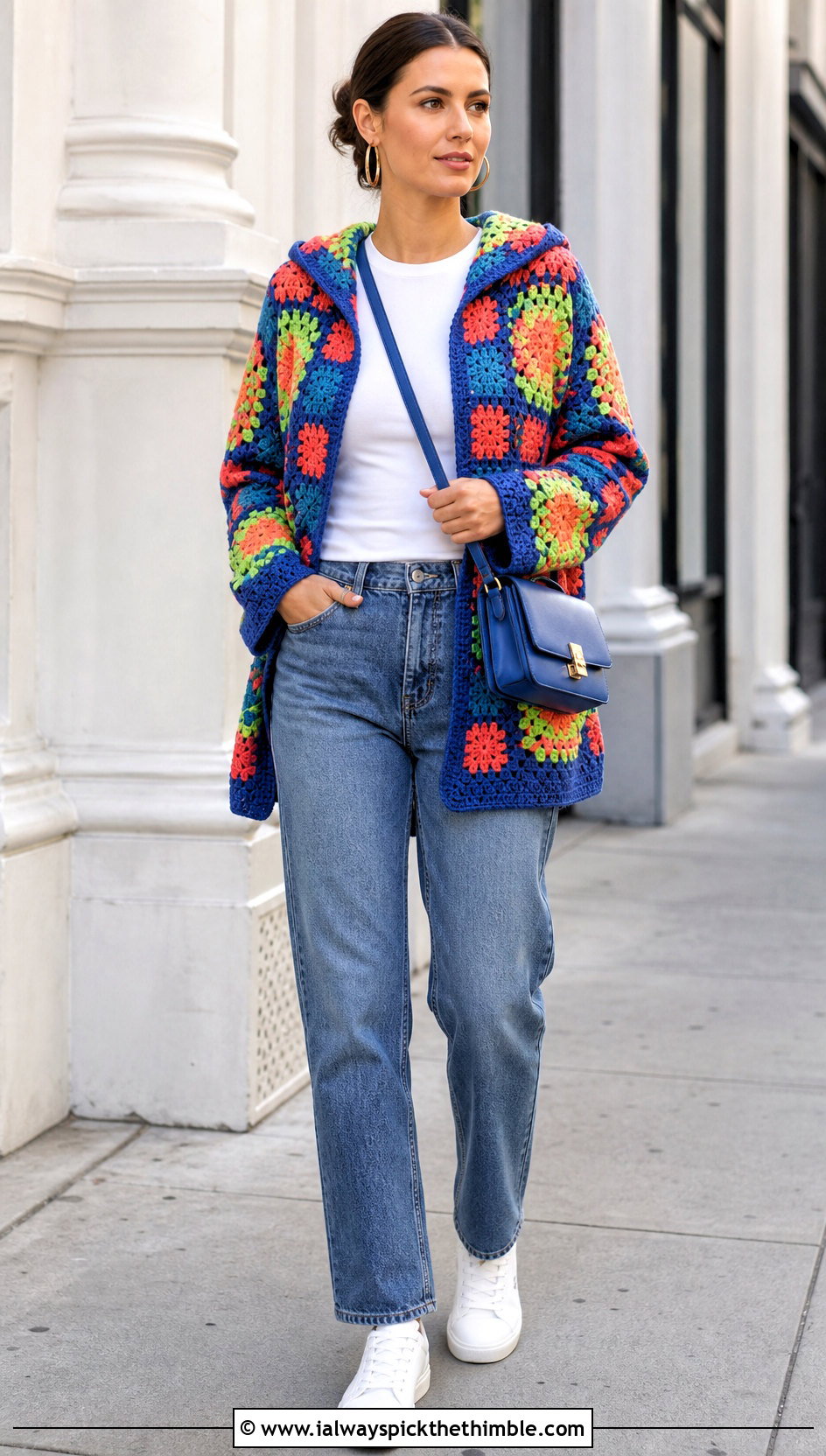 Granny Square Hooded Crochet Cardigan With Straight Leg Jeans - 25 hooded crochet cardigan outfit ideas