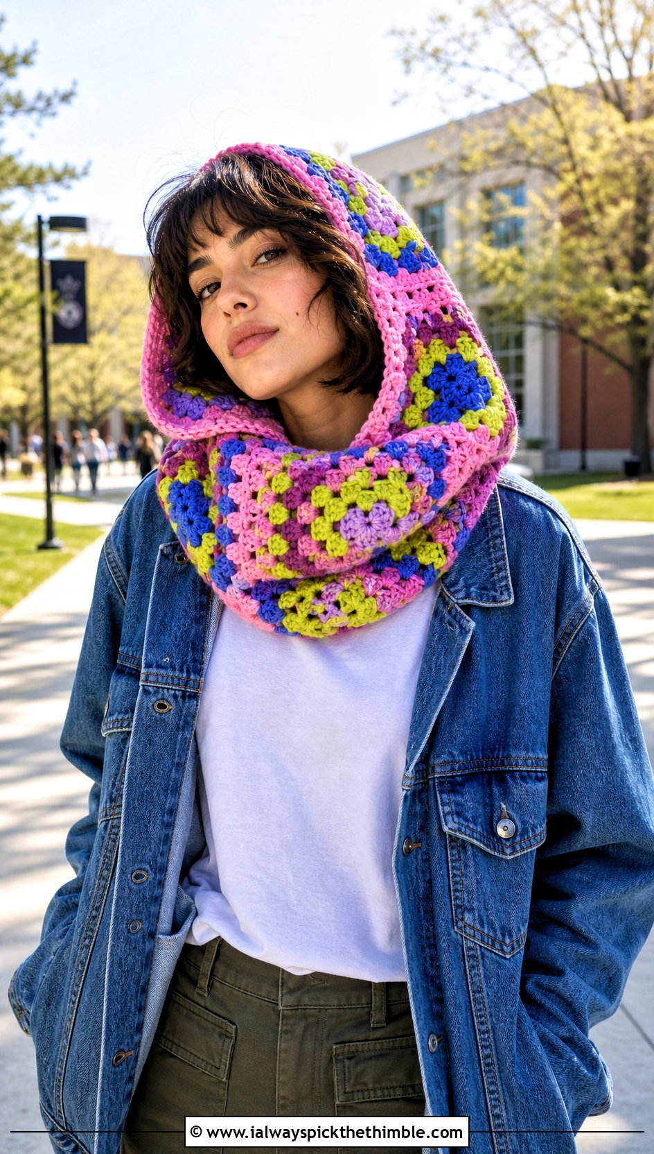 Granny Square Hooded Crochet Cowl Snood With Denim Jacket - 20 hooded crochet cowl snood outfit ideas