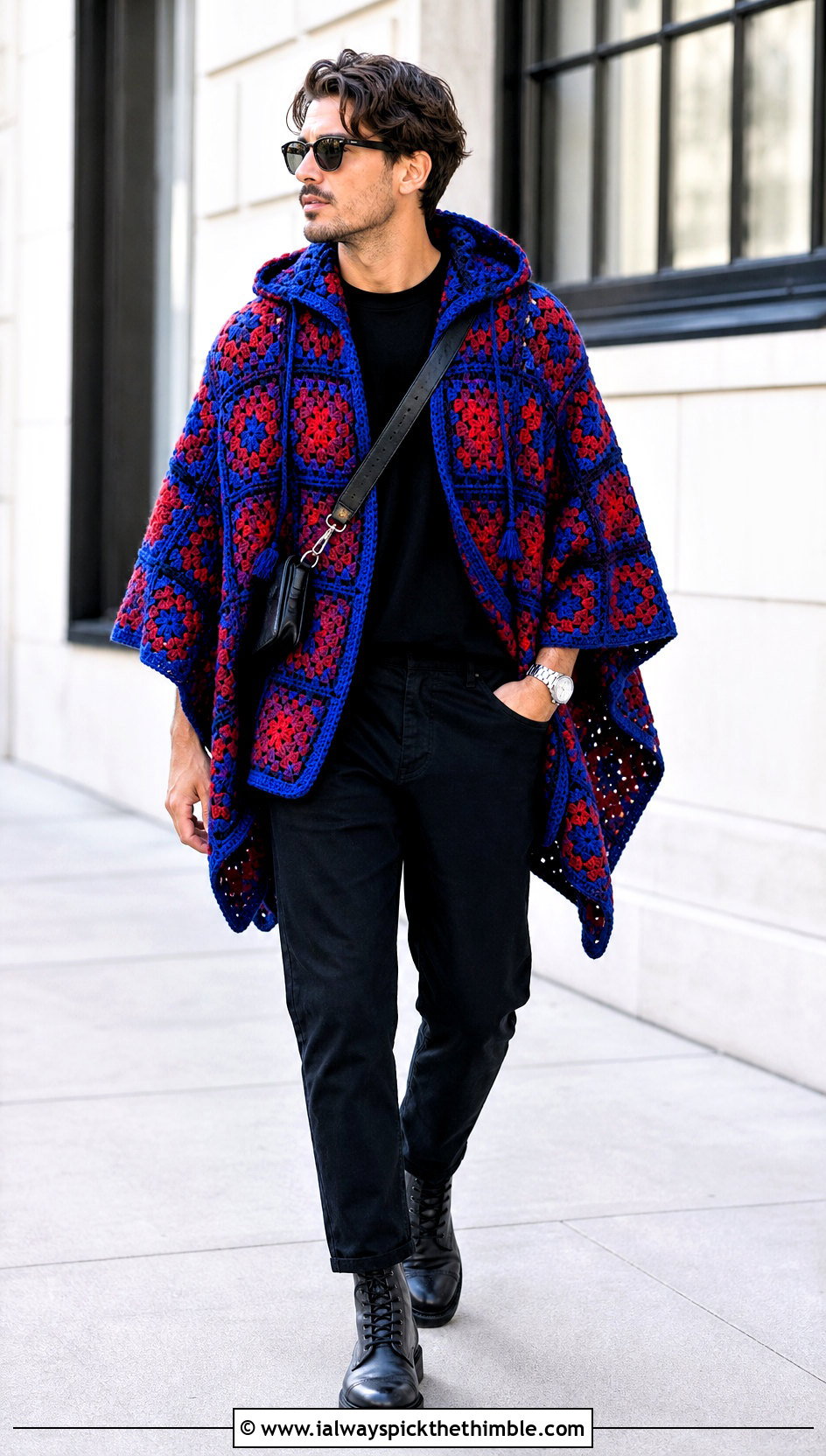 Granny Square Hooded Crochet Poncho With Black Jeans - 15 mens hooded crochet poncho outfit ideas