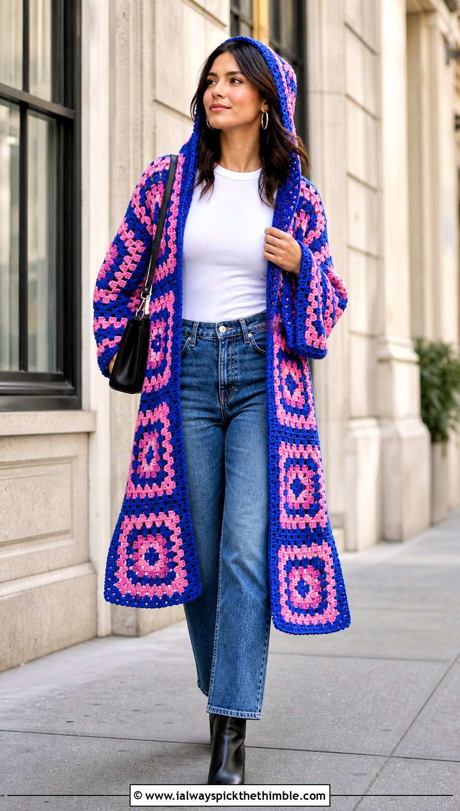 Granny Square Hooded Crochet Ruana With Straight Leg Jeans - 20 Hooded Crochet Ruana outfit ideas