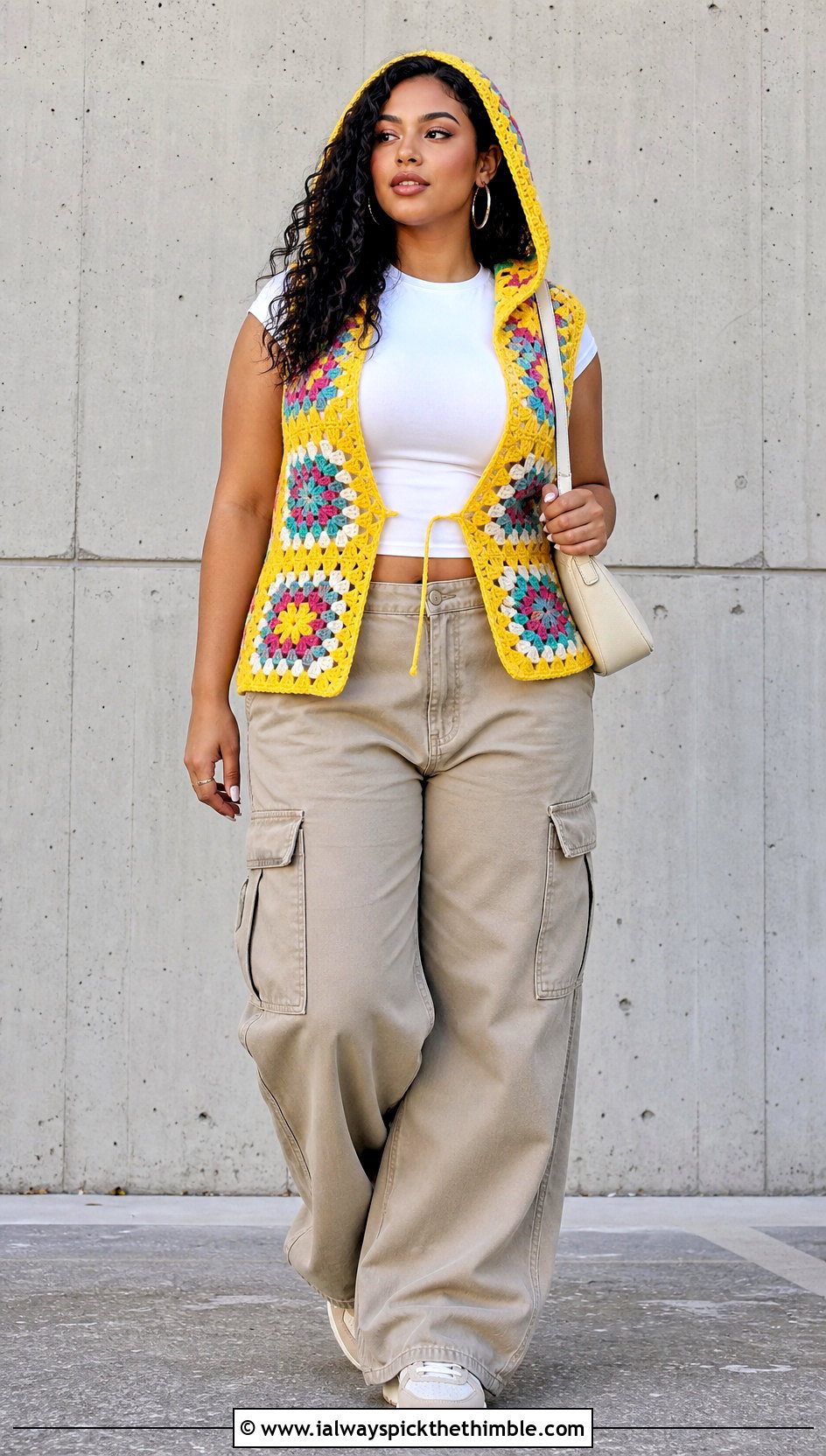 Granny Square Hooded Crochet Vest With Cargo Pants - 20 crochet vest with hood outfit ideas