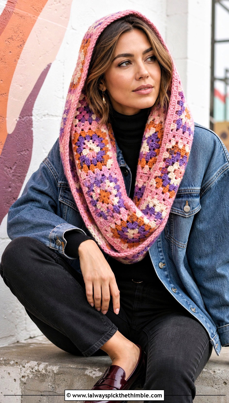 Granny Square Hooded Infinity Scarf With Denim Jacket - 15 crochet infinity scarf with hood outfit ideas