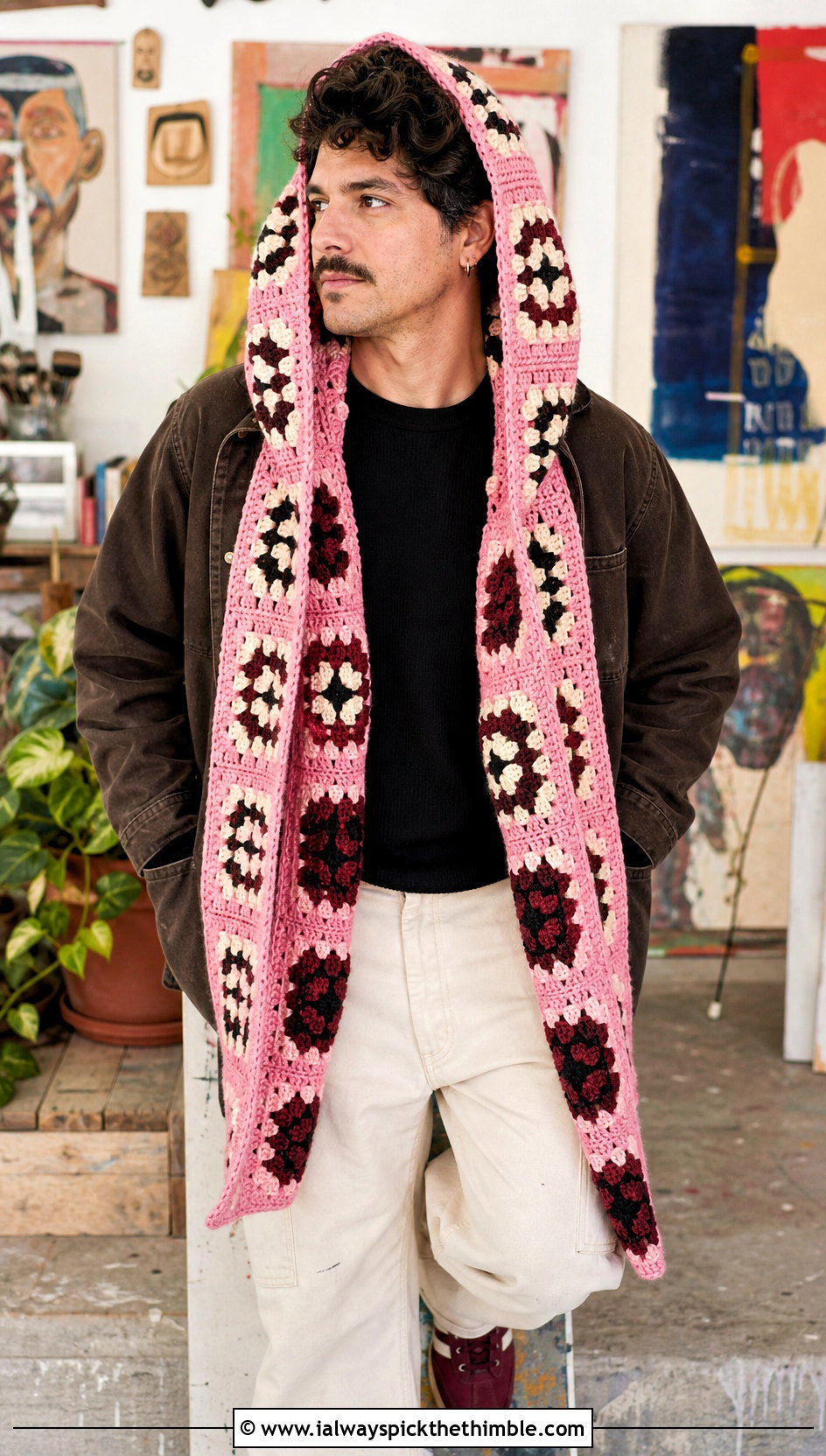 Granny Square Hooded Scarf With Chore Coat - 20 Crochet Hooded Scarf For Men outfit ideas