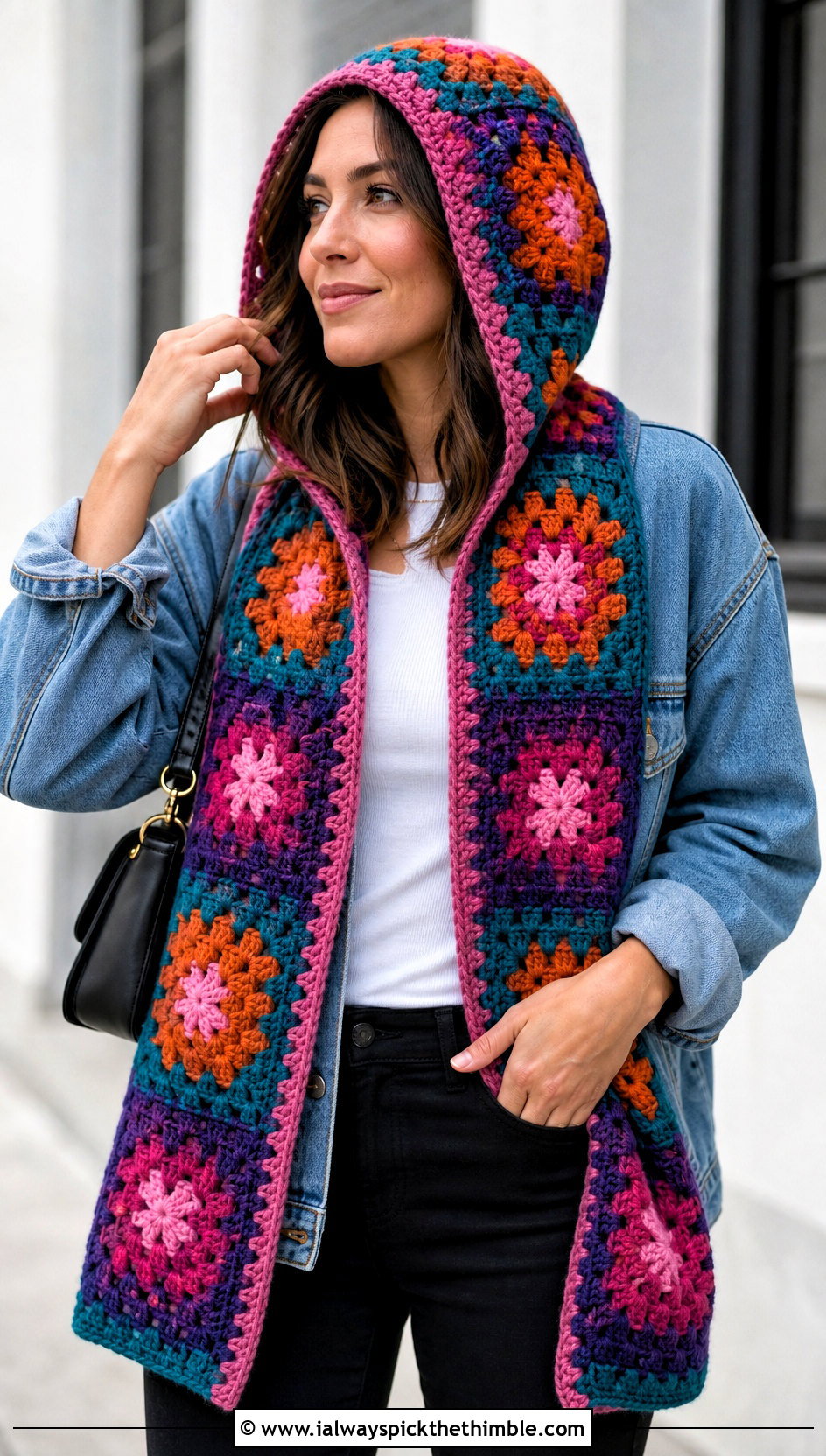 Granny Square Hooded Scarf With Denim Jacket - 20 Crochet Hoodie Scarf outfit ideas