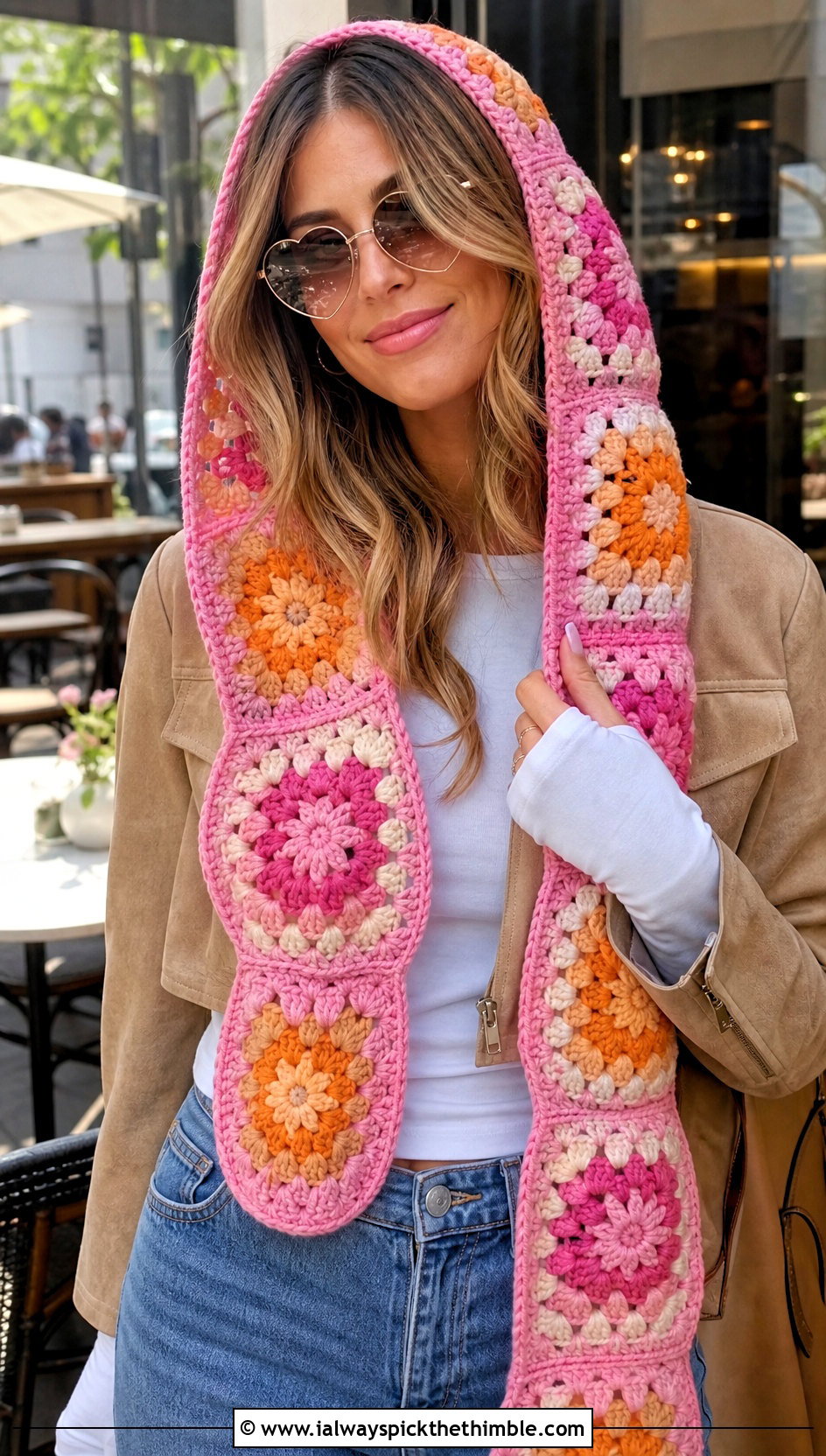Granny Square Hooded Scarf With Straight Leg Jeans - 20 crochet scarf with hood outfit ideas