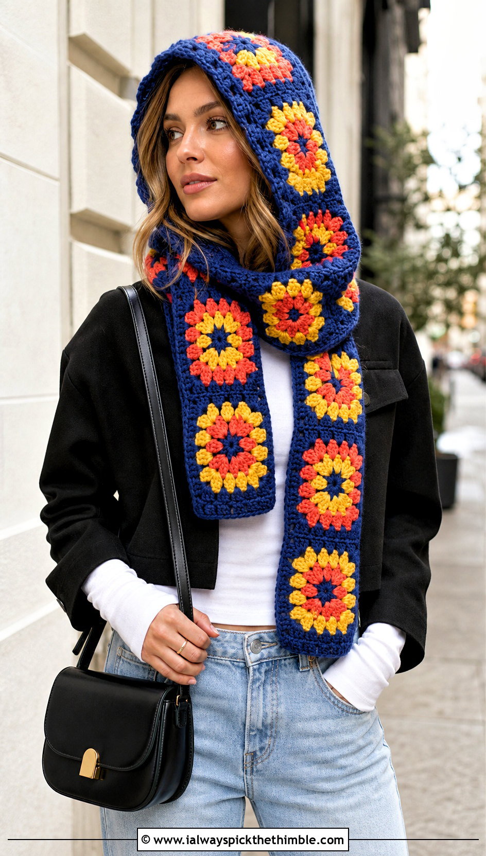 Granny Square Hooded Scarf With Straight Leg Jeans - 25 crochet hood scarf outfit ideas