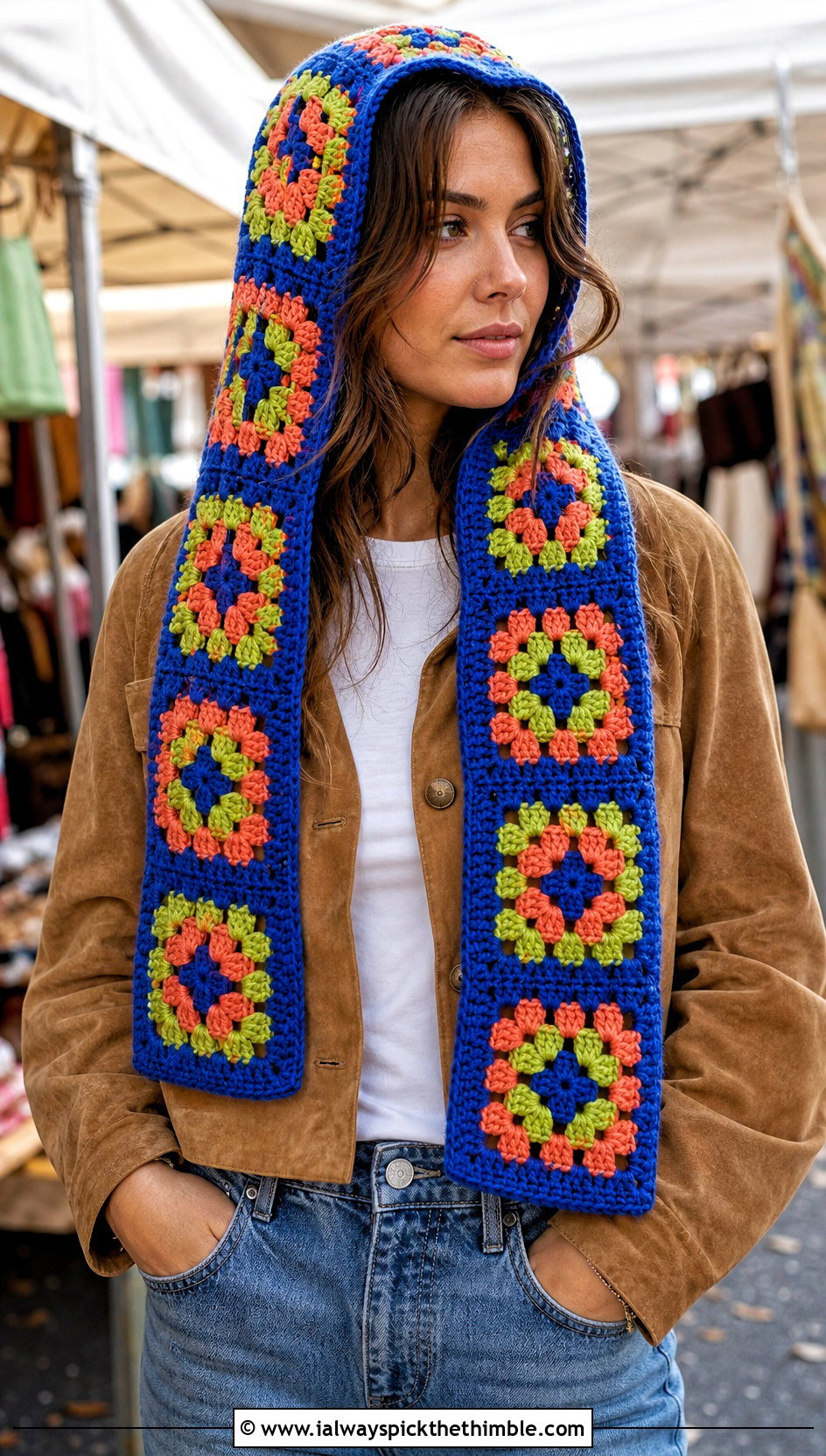 Granny Square Hooded Scarf With Straight Leg Jeans - 25 crochet hooded scarf outfit ideas