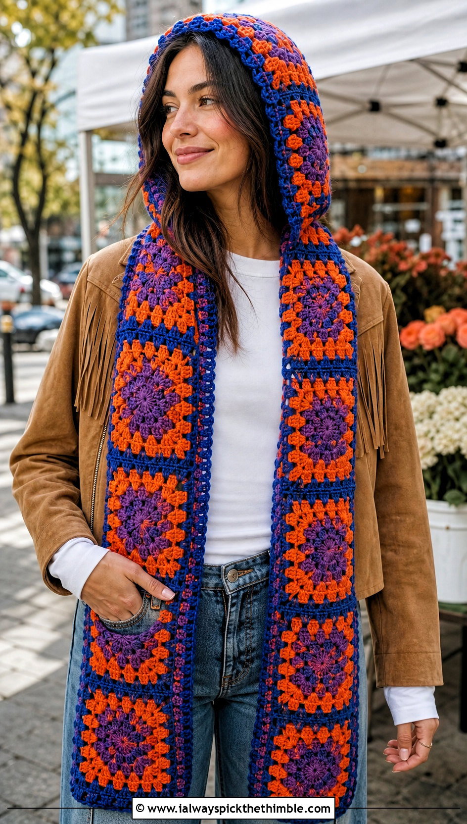 Granny Square Hooded Scarf With Straight Leg Jeans - 20 crochet scarf hood outfit ideas
