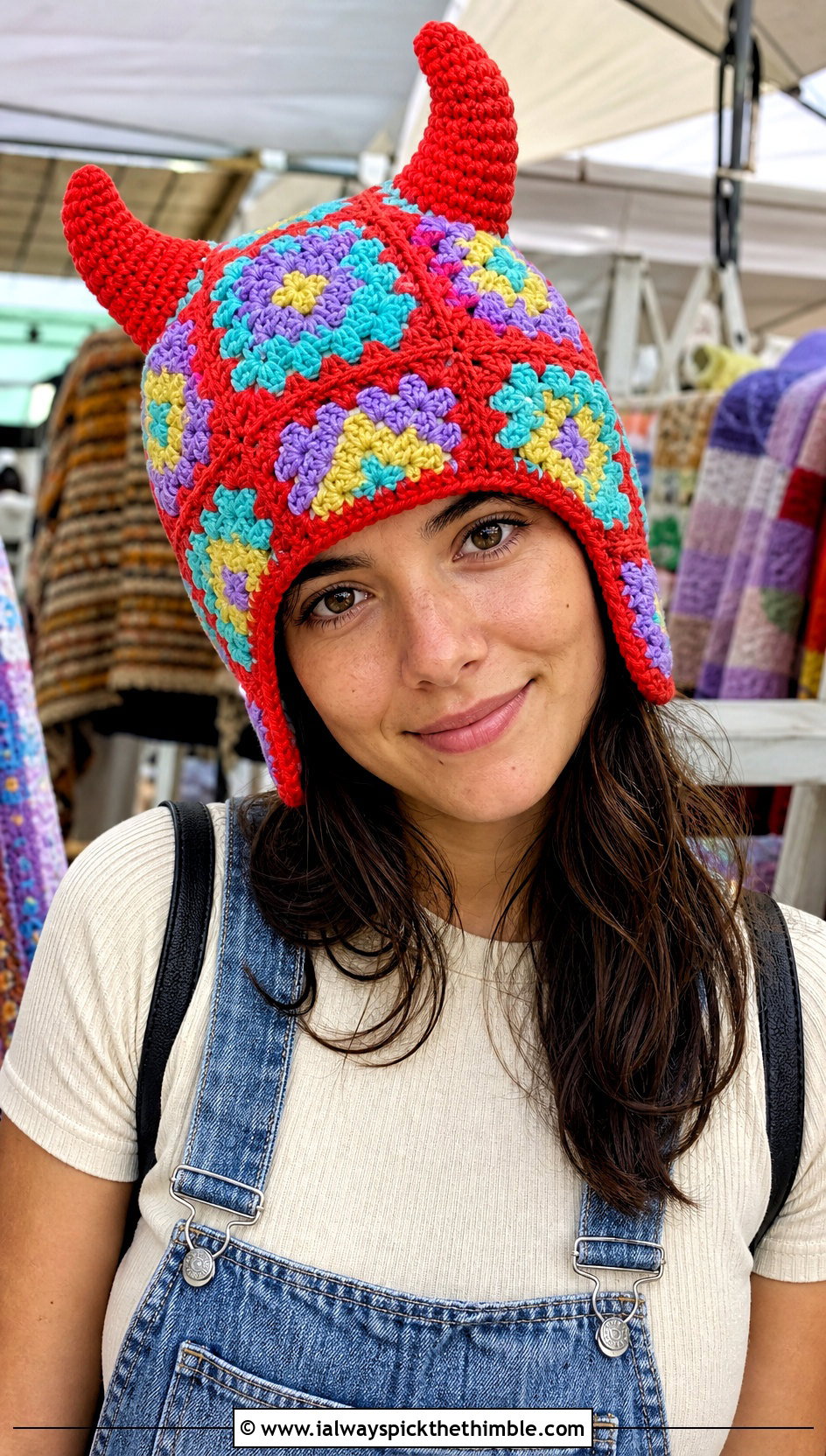 Granny Square Horn Crochet Hat With Overalls - 20 crochet hat with horns outfit ideas