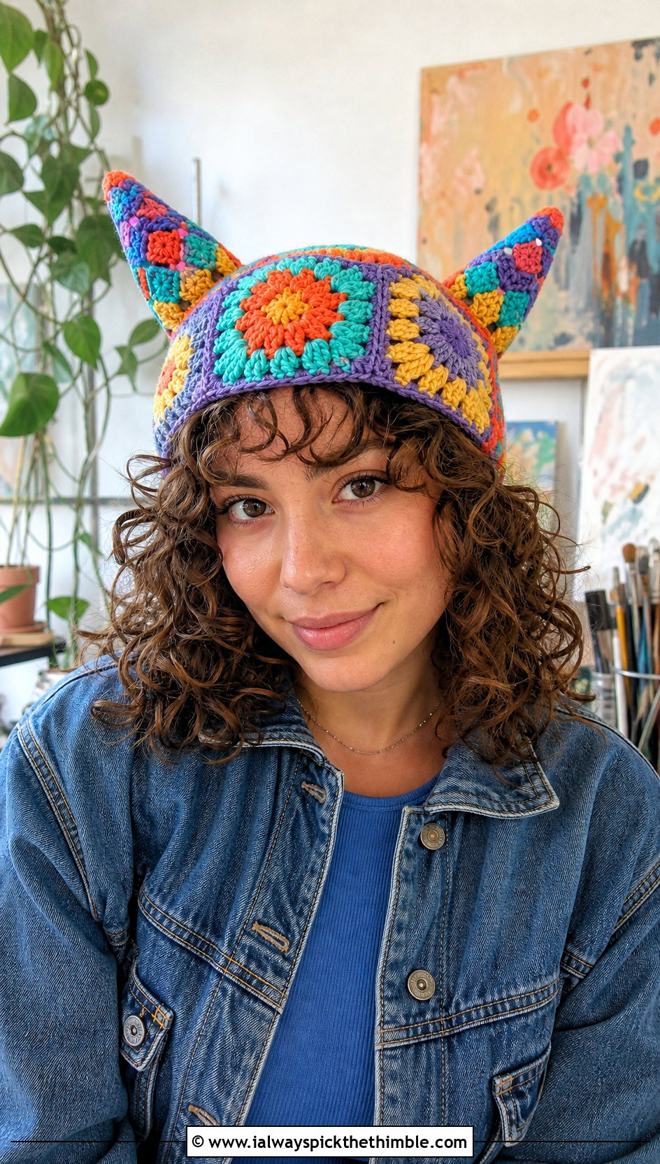 Granny Square Horned Crochet Beanie With Denim Jacket - 20 Crochet Horned Beanie outfit ideas
