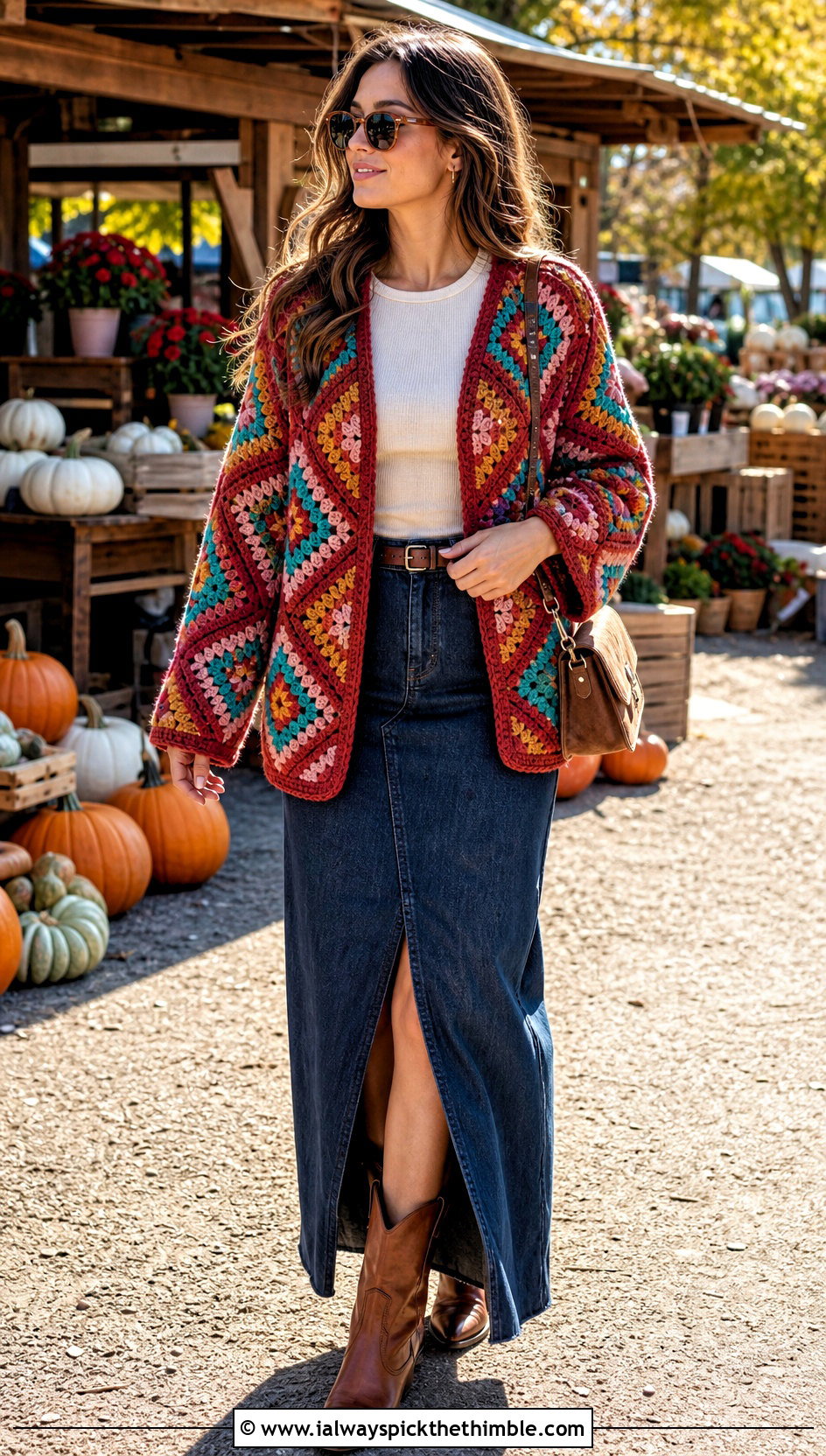 Granny Square Howls Crochet Jacket With Denim Maxi Skirt - 20 Howl's Crochet Jacket outfit ideas