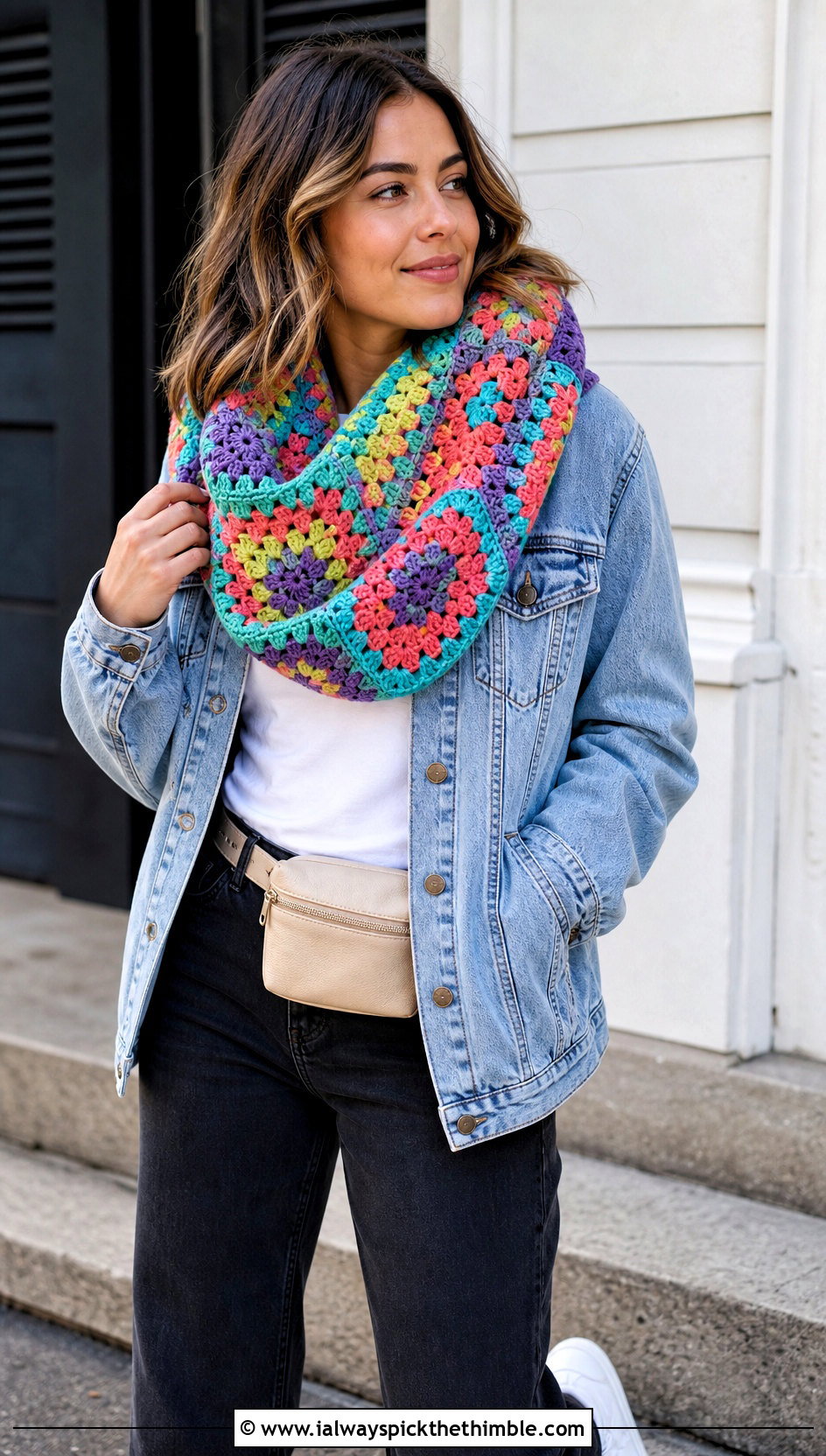 Granny Square Infinity Crochet Scarf With Denim Jacket - 15 Infinity Crochet Scarf outfit ideas