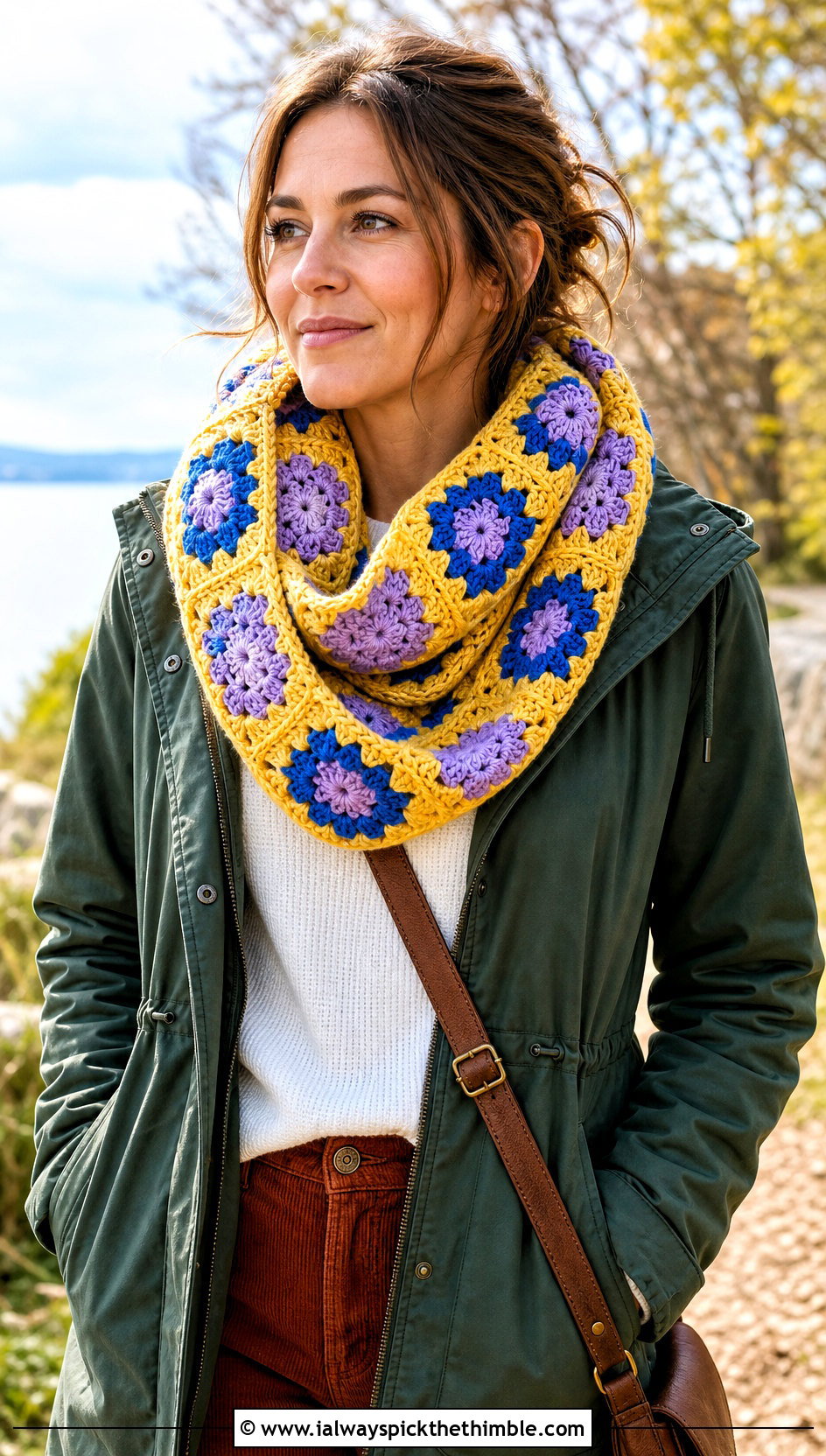 Granny Square Infinity Scarf With Parka And Corduroy Pants - 25 granny crochet scarf outfit ideas