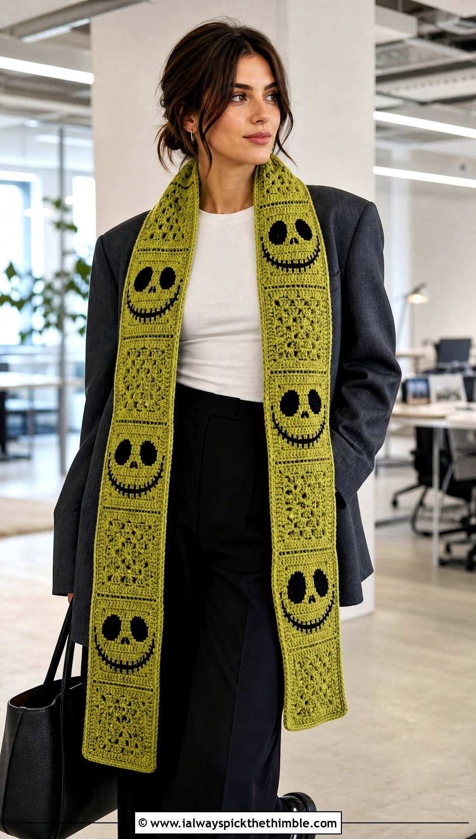 Granny Square Jack Skellington Crochet Scarf With Blazer - 20 Crochet Jack Skellington Scarf outfit ideas