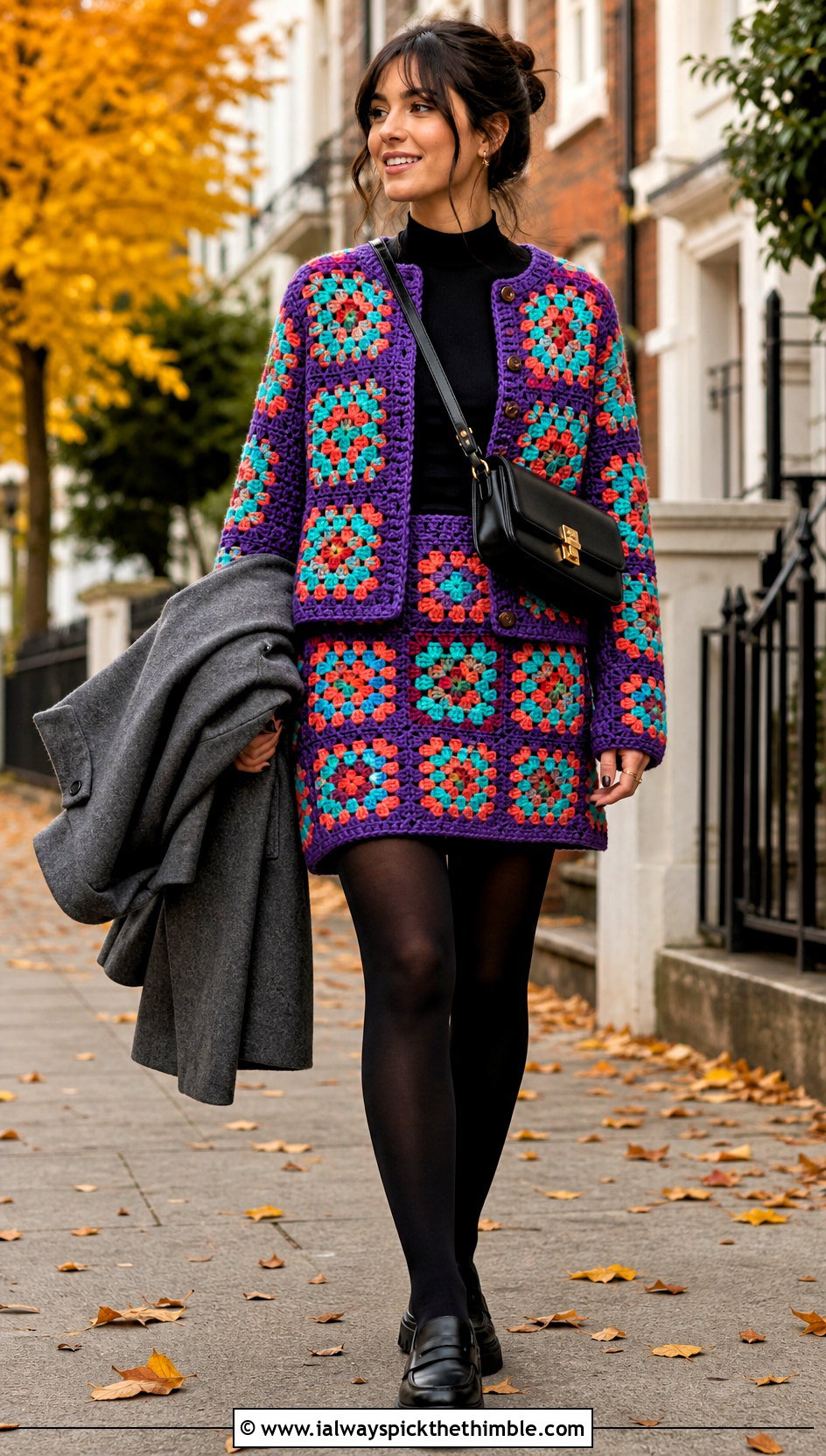 Granny Square Jacket And Mini Skirt Set With Tights - 15 Autumn Crochet Clothing Set outfit ideas