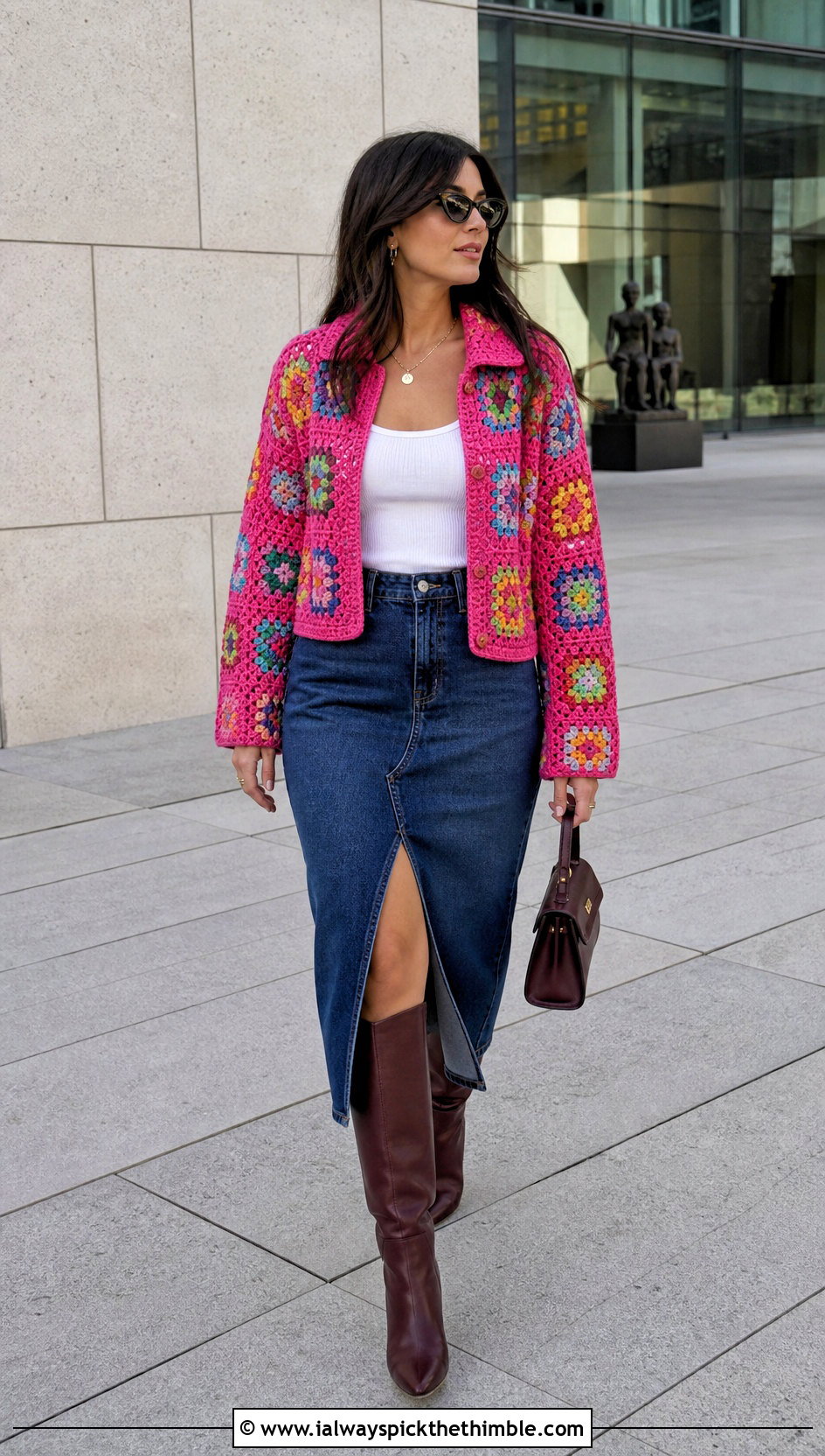 Granny Square Jacket With Denim Midi Skirt - 25 Granny Square Clothing Ideas