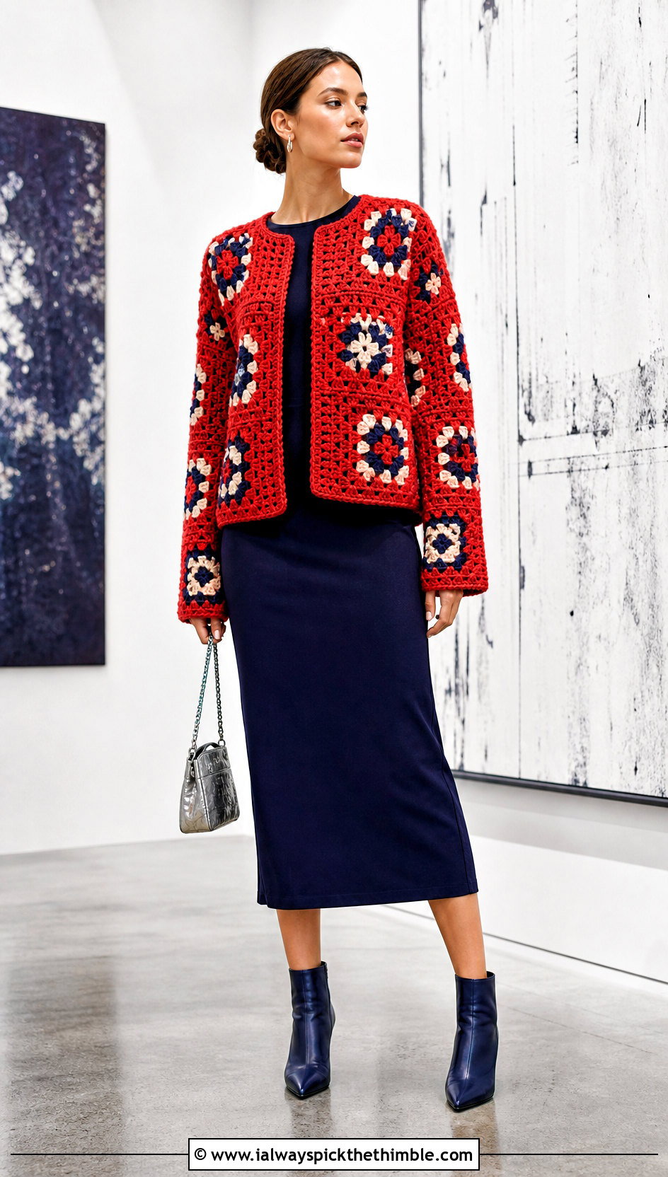 Granny Square Jacket With Monochrome Column Dress - 20 crochet granny square clothing and outfit ideas