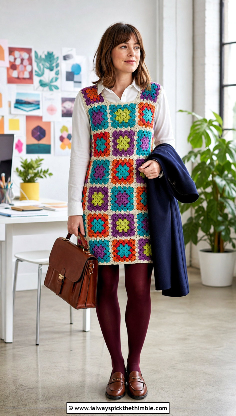 Granny Square Jumper Crochet Winter Dress With Button Down Shirt - 25 crochet winter dress outfit ideas