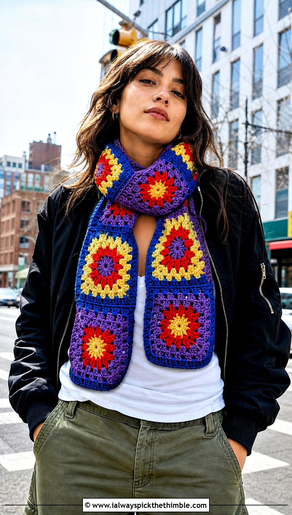 Granny Square Keyhole Crochet Scarf With Bomber Jacket - 20 Keyhole Crochet Scarf outfit ideas