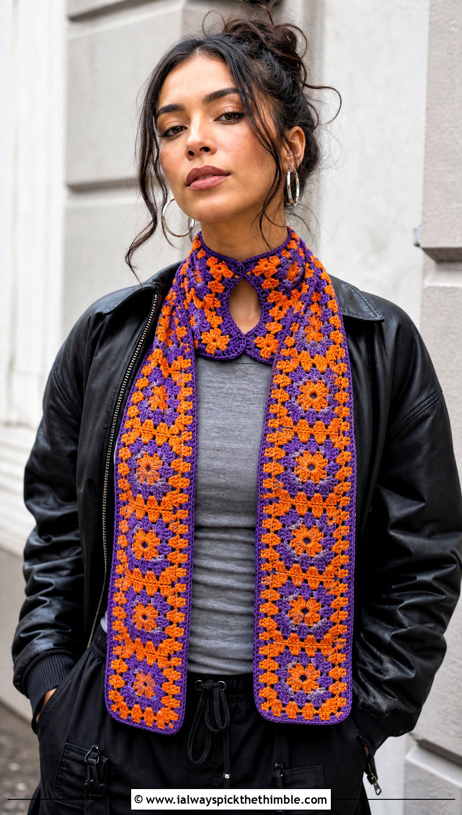 Granny Square Keyhole Crochet Scarf With Leather Bomber - 15 Key Hole Crochet Scarf outfit ideas