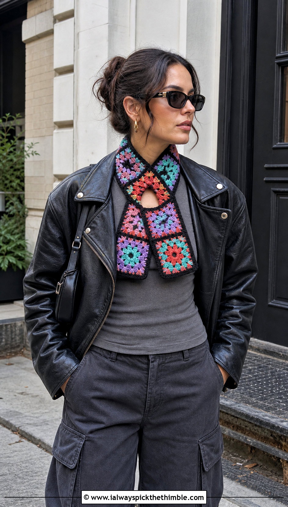 Granny Square Keyhole Scarf With Leather Jacket - 15 Crocheted Keyhole Scarf outfit ideas