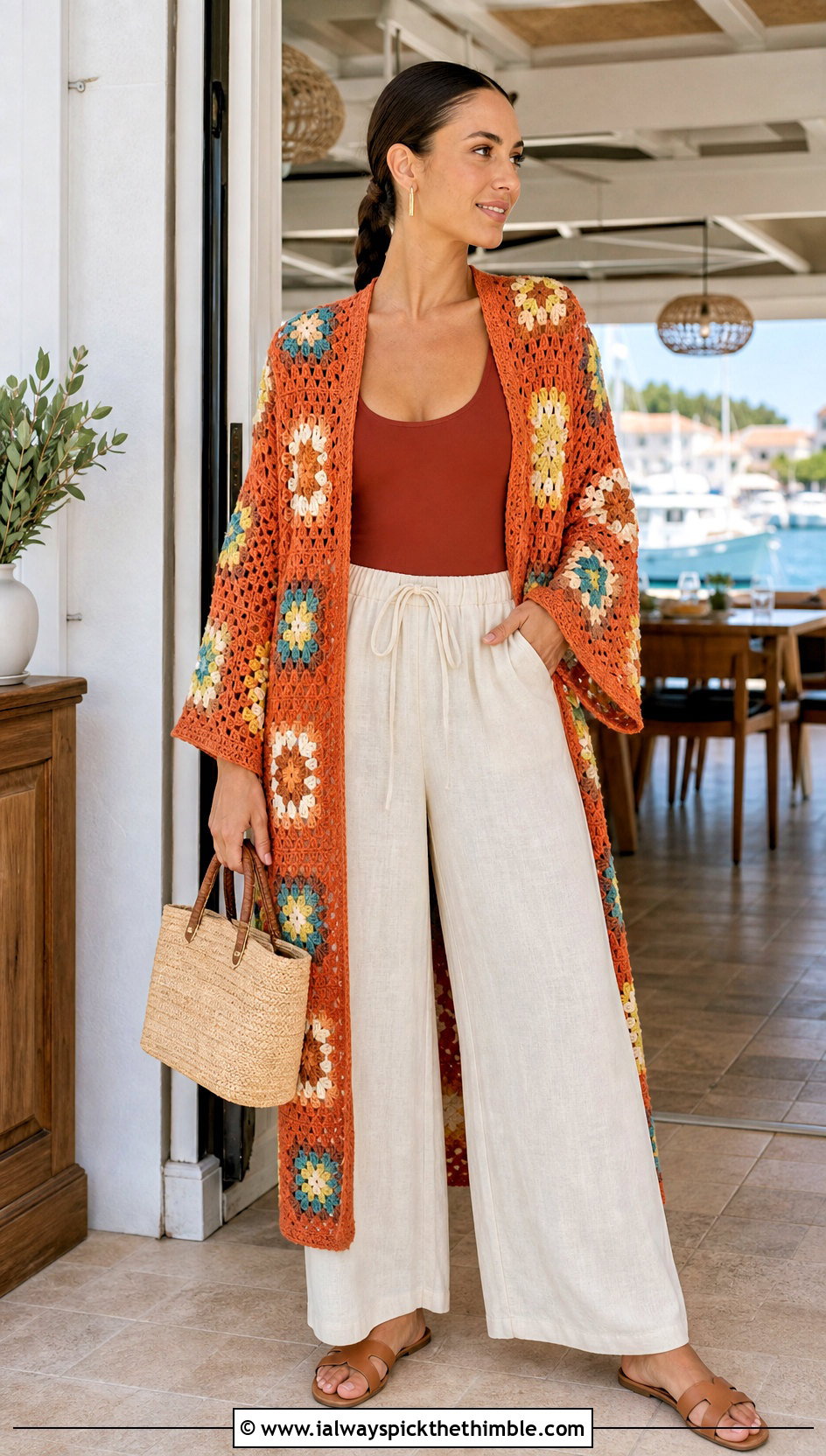 Granny Square Kimono Cover Up With Linen Pants - 15 granny square beach cover up outfit ideas