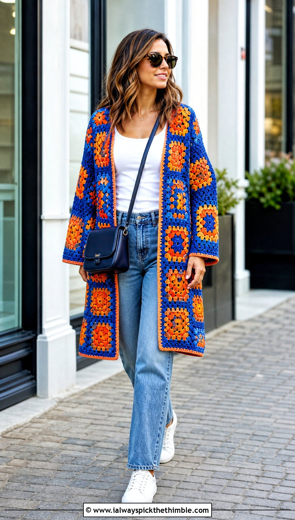 Granny Square Kimono Crochet Cardigan With Straight Leg Jeans - 20 kimono crochet cardigan outfit ideas