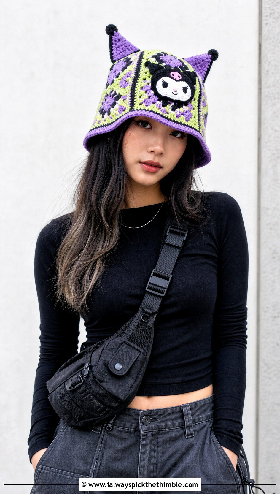 Granny Square Kuromi Crochet Bucket Hat With Cargo Pants - 15 Kuromi Crochet Bucket Hat outfit ideas
